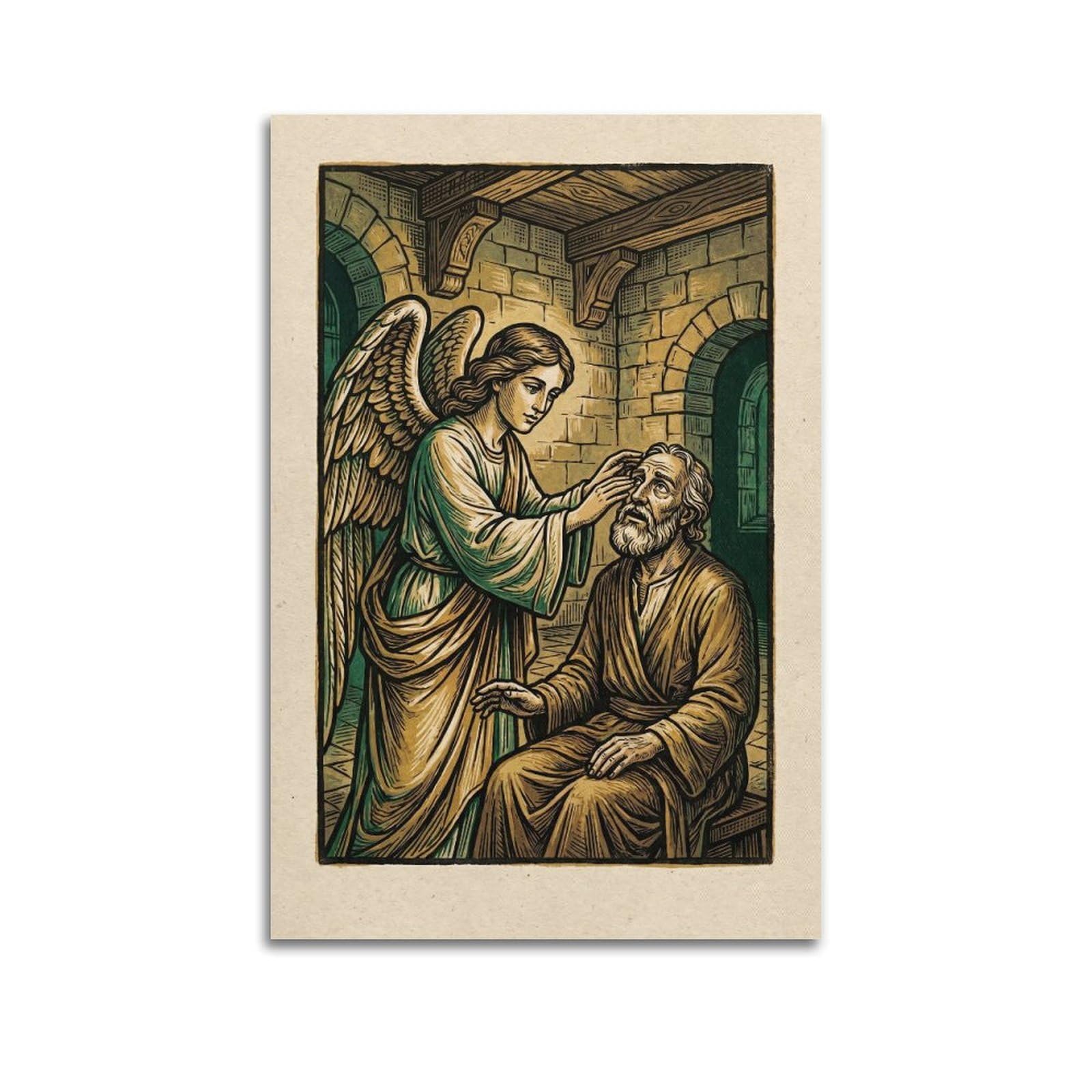 OKNGB Archangel Raphael Poster Tobias Healing Green Gold Miracle Faith Decorative Painting Canvas Art Picture 24x36inch(60x90cm)