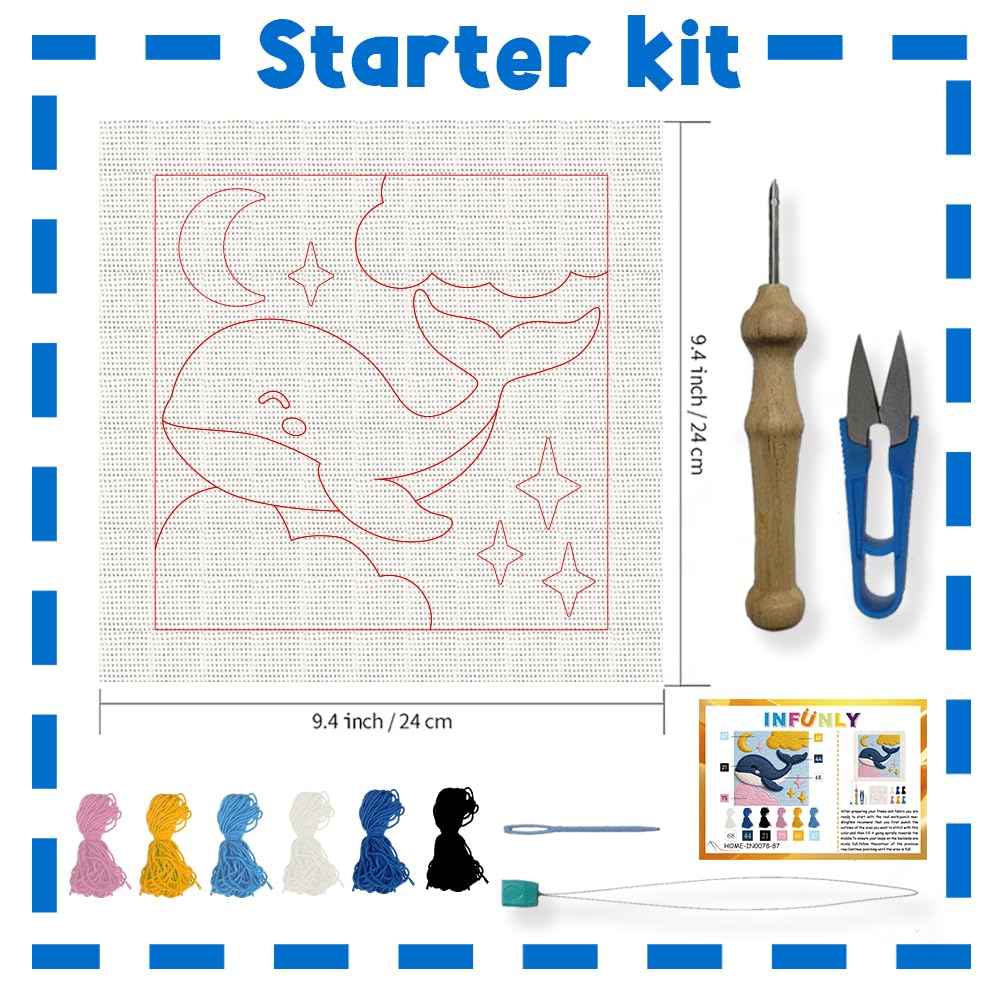 INFUNLY Kit da ricamo con ago da balena, per adulti e principianti, 24 x 23 cm, kit completo per principianti, kit per ricamo a forma di balena, kit fai da te con tutti gli strumenti per artigianato