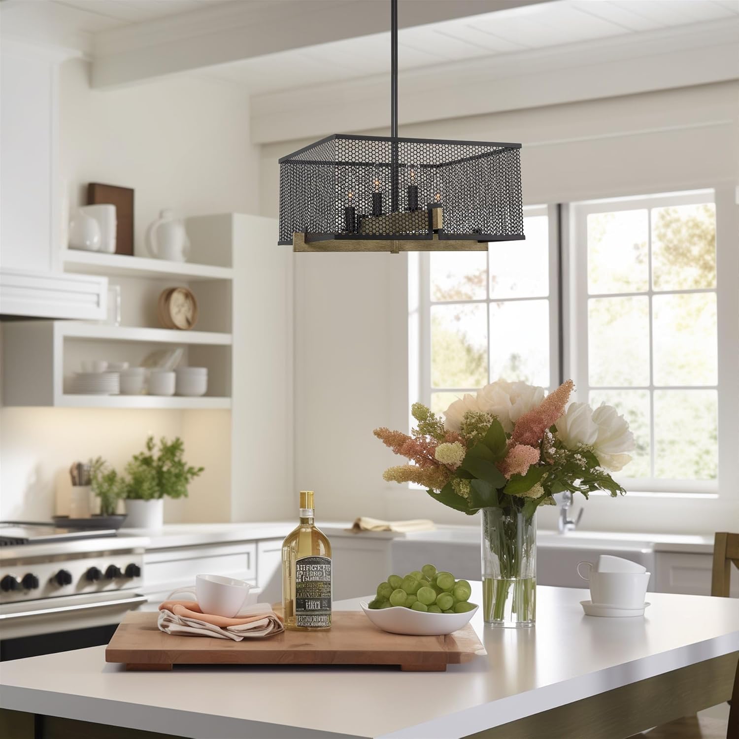 Channing 28" Black Metal Cage Square Chandelier with Dimmer Compatibility