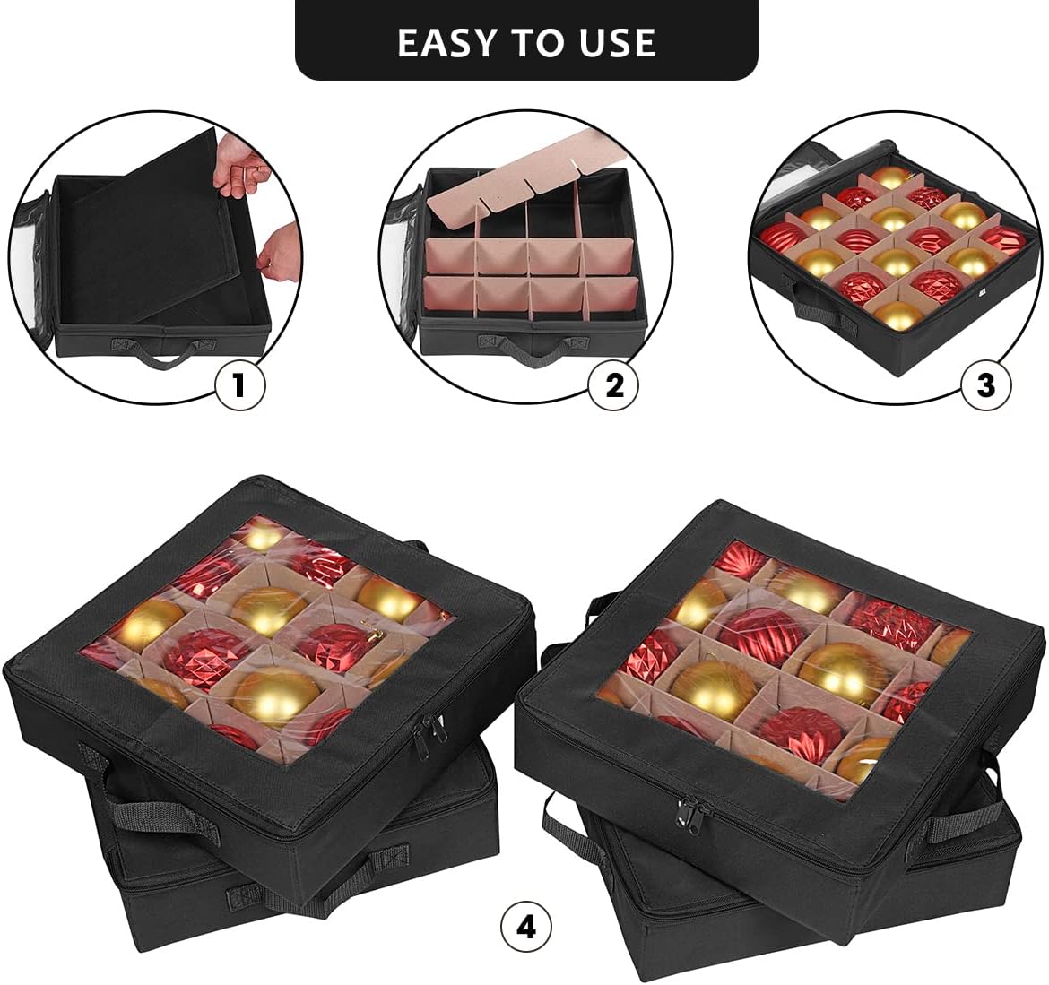 ProPik 4 Pcs Christmas Ornament Storage Boxes with Dividers | 4 Individual Trays Hold 64 Holiday Decoration Balls | Durable Ornaments Organizer Storage Box | Zippered Closure with Handles (Black)