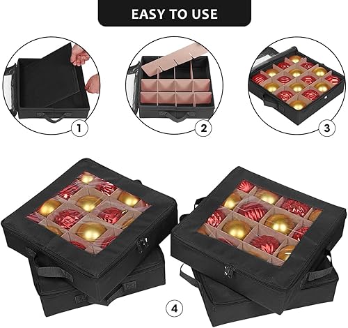 Miniatura 3 de ProPik 4 cajas de almacenamiento de adornos de Navidad con divisores parte superior transparente cierre de cremallera y asas 4 bandejas individuales