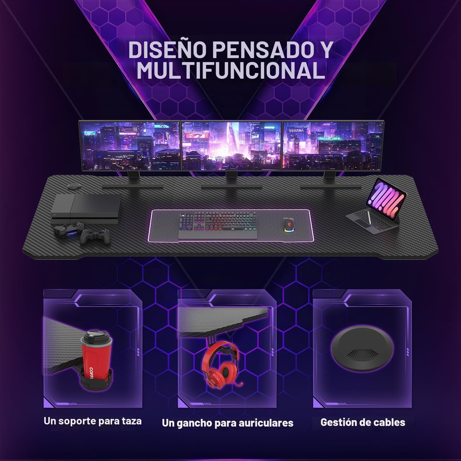 JUMMICO Escritorio Gaming 80x50cm, Fibra de Carbono con Portavasos y Soporte para Auriculares, Estructura Metálica Negra