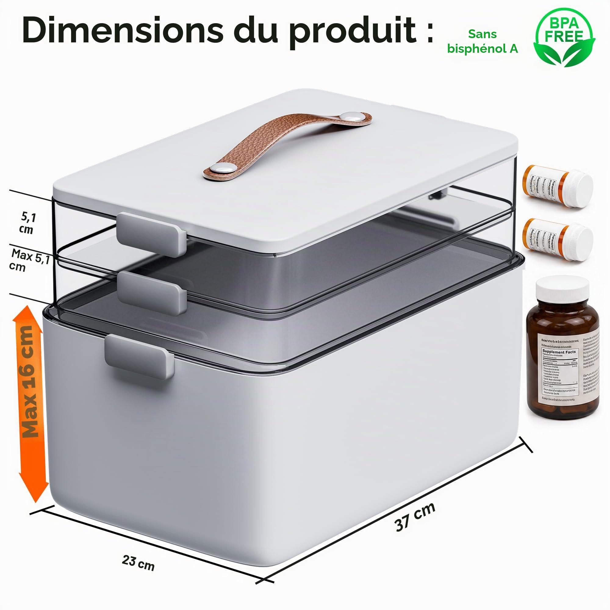 CTIME Boîte à pharmacie à 3 étages - Portable avec anse en cuir, idéale pour la maison et les voyages