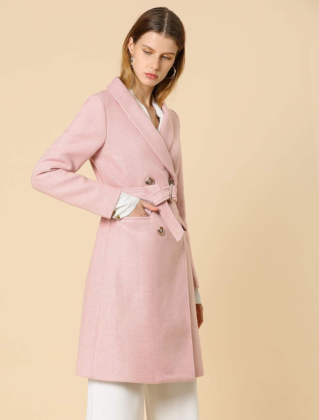 Allegra K Women's Double Breasted Shawl Collar Chevron Belted Long Winter Coat : Clothing, Shoes & Jewelry