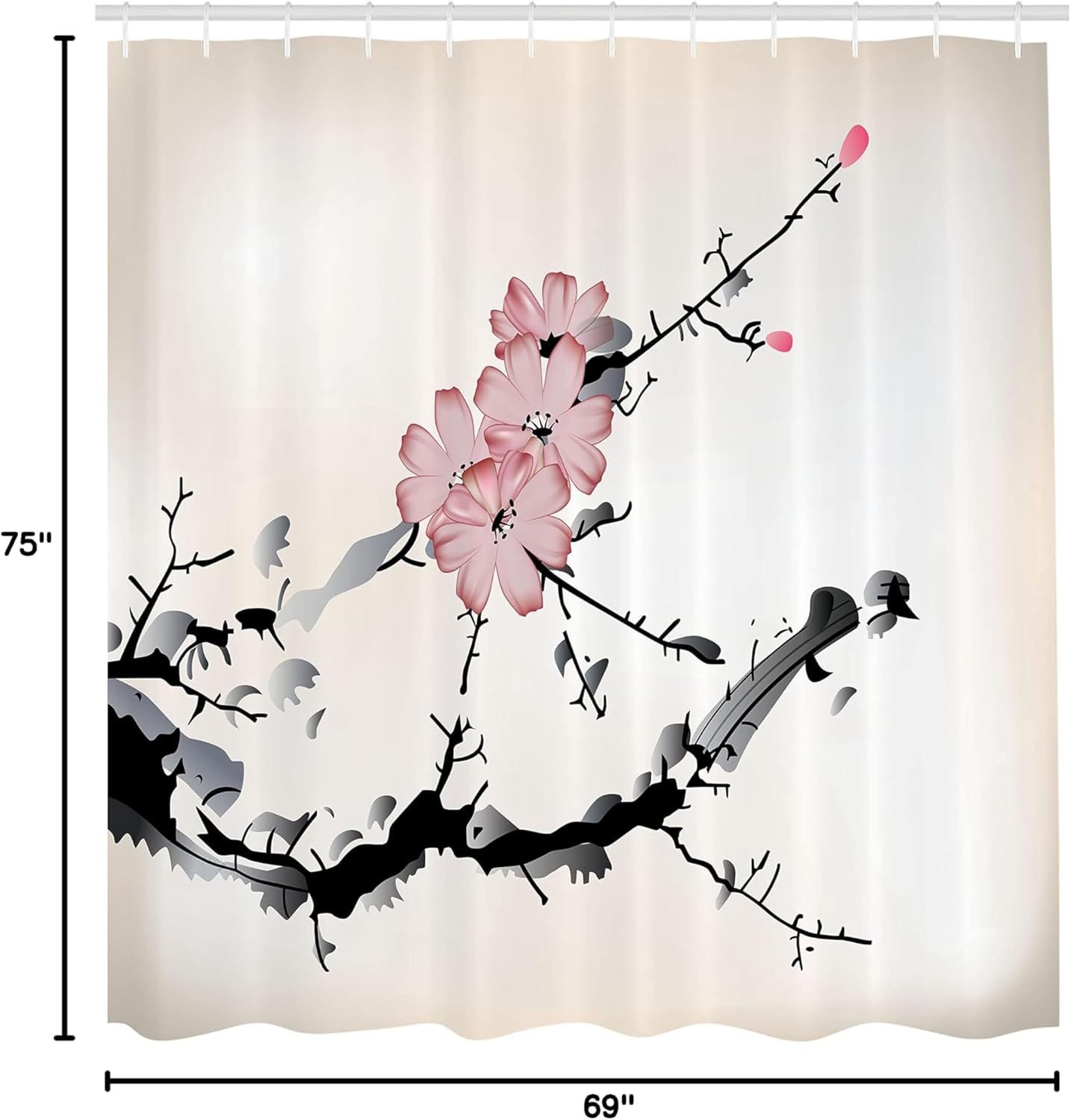 Ambesonne Japanese Shower Curtain, Watercolors Illustration Traditional Native Blossoming Floral Temperate Zone Plant, Cloth Fabric Bathroom Decor Set with Hooks, 69" W x 75" L, Pink Black