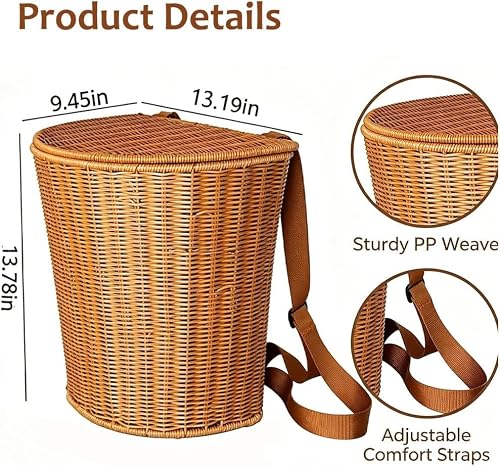 Woven Rattan Backpack Basket, Large Wicker Market Basket with Adjustable Straps, Harvest Basket for Gardening, Flower & Berry Picking, Grocery Shopping, Picnic, Farmers Market, Home Storage - Image 2