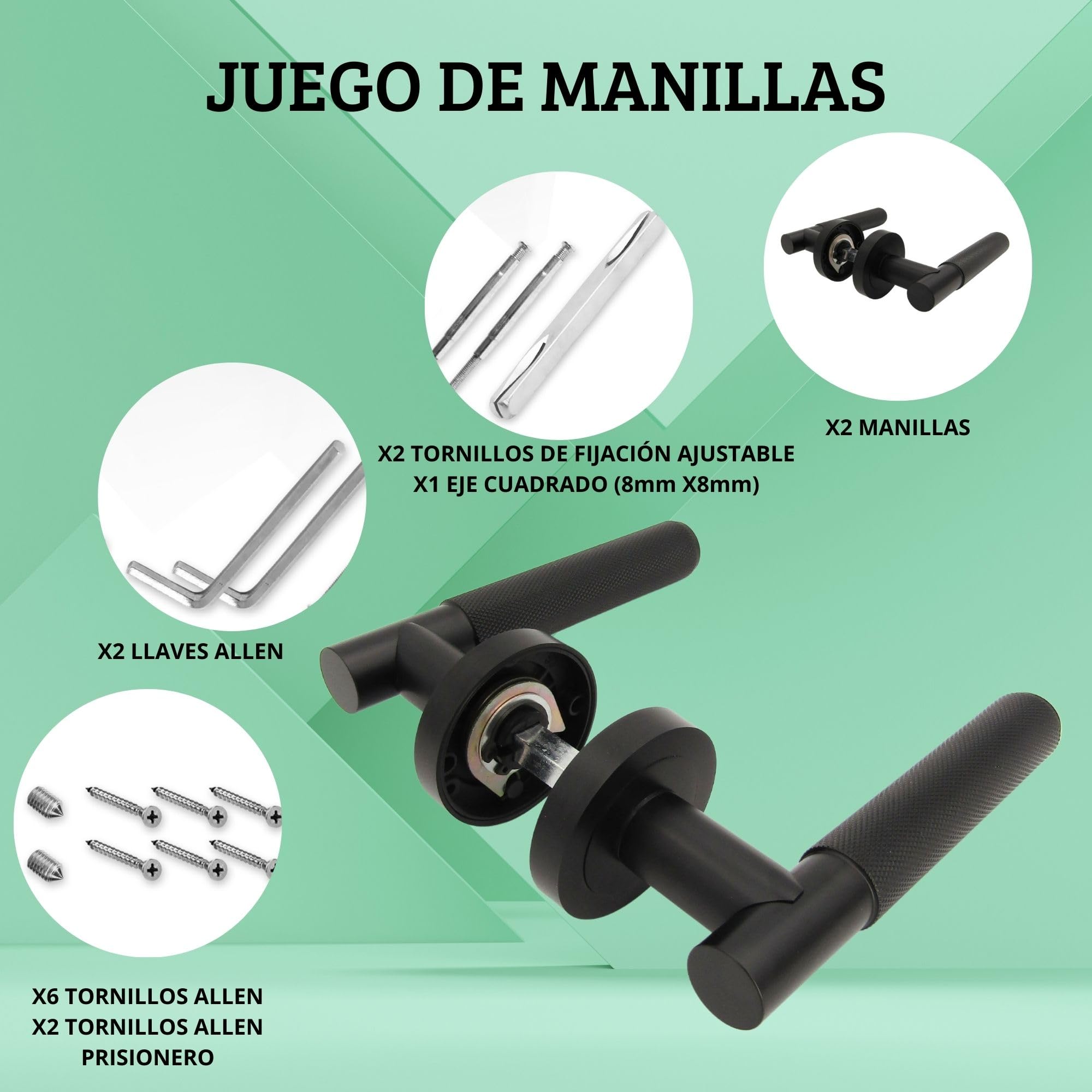 AZERODESIGN- Manillas Puertas Interior- Manetas Puertas Interior Casa- Juego Manillas Puerta Madera- Color Negro-Roseta Redonda 50x50mm Largo de la Manilla 130mm(ROSETA REDONDA)