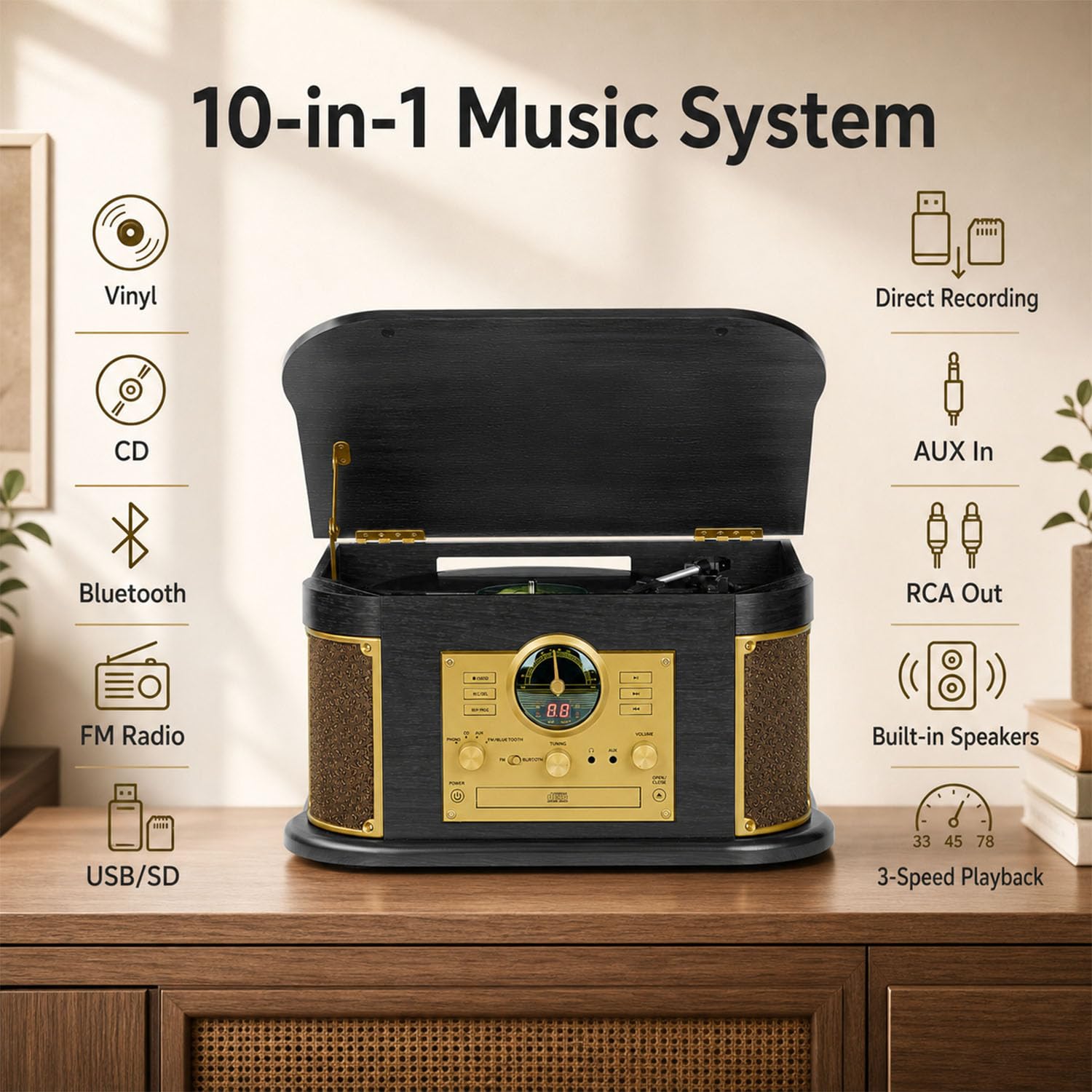 Giradischi retrò 10‑in‑1 con Bluetooth, CD, radio FM, USB/SD per registrare vinili, altoparlanti integrati, ingresso AUX e uscita RCA