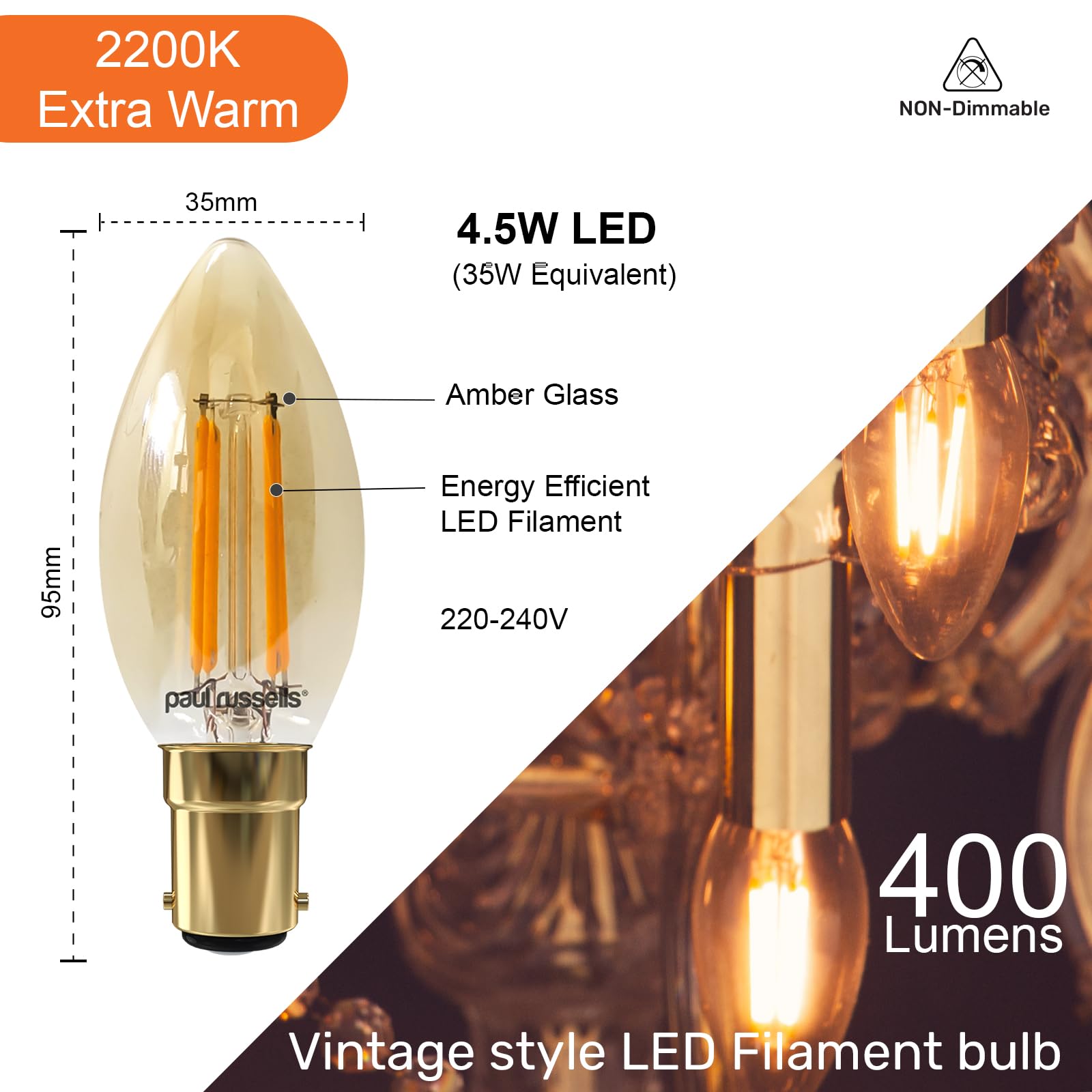 paul russells LED Candle Filament Light, 4.5W 35W Equivalent Replacement, 400LM Lumens, 2200K Extra Warm White - Image 2