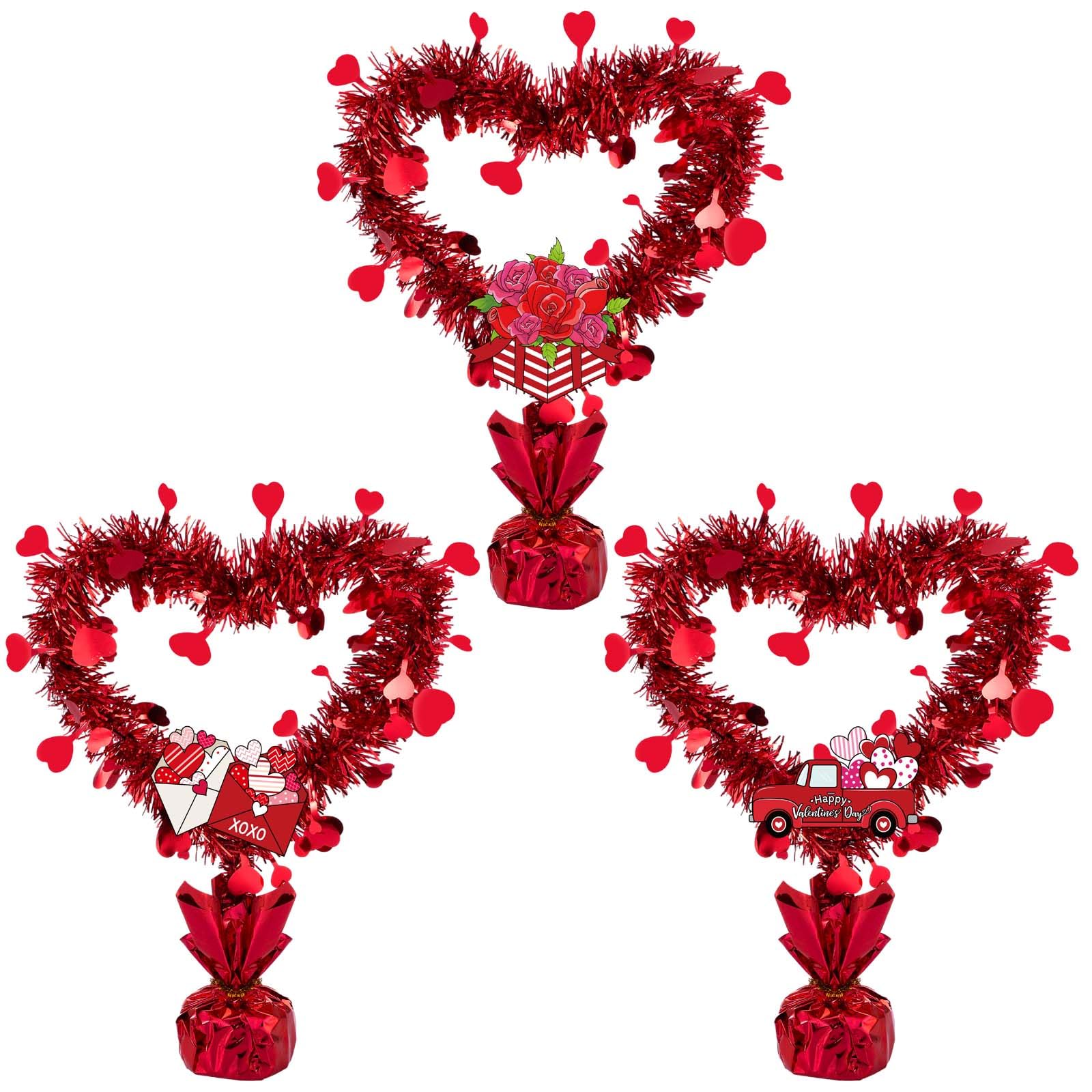 3-Piece Valentine's Day Table Centerpieces - Red & Pink Heart Metallic Foil Spray Decor With Wood Bases