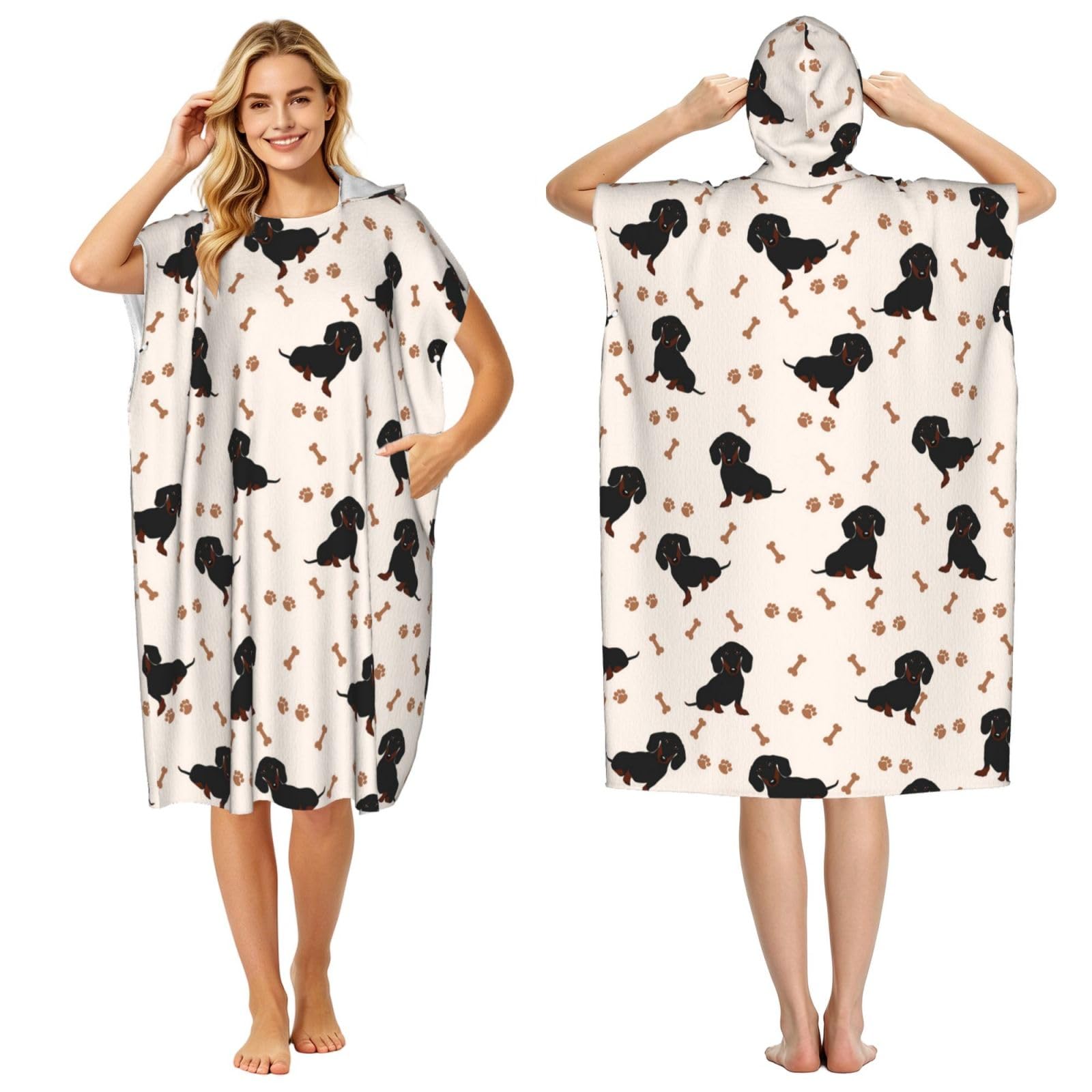 Poadnly Cute Dachshund, Adult Hooded Beach Towel 90 x 110 cm,Changing Bath Robe, Surf Poncho Towel For Women Men