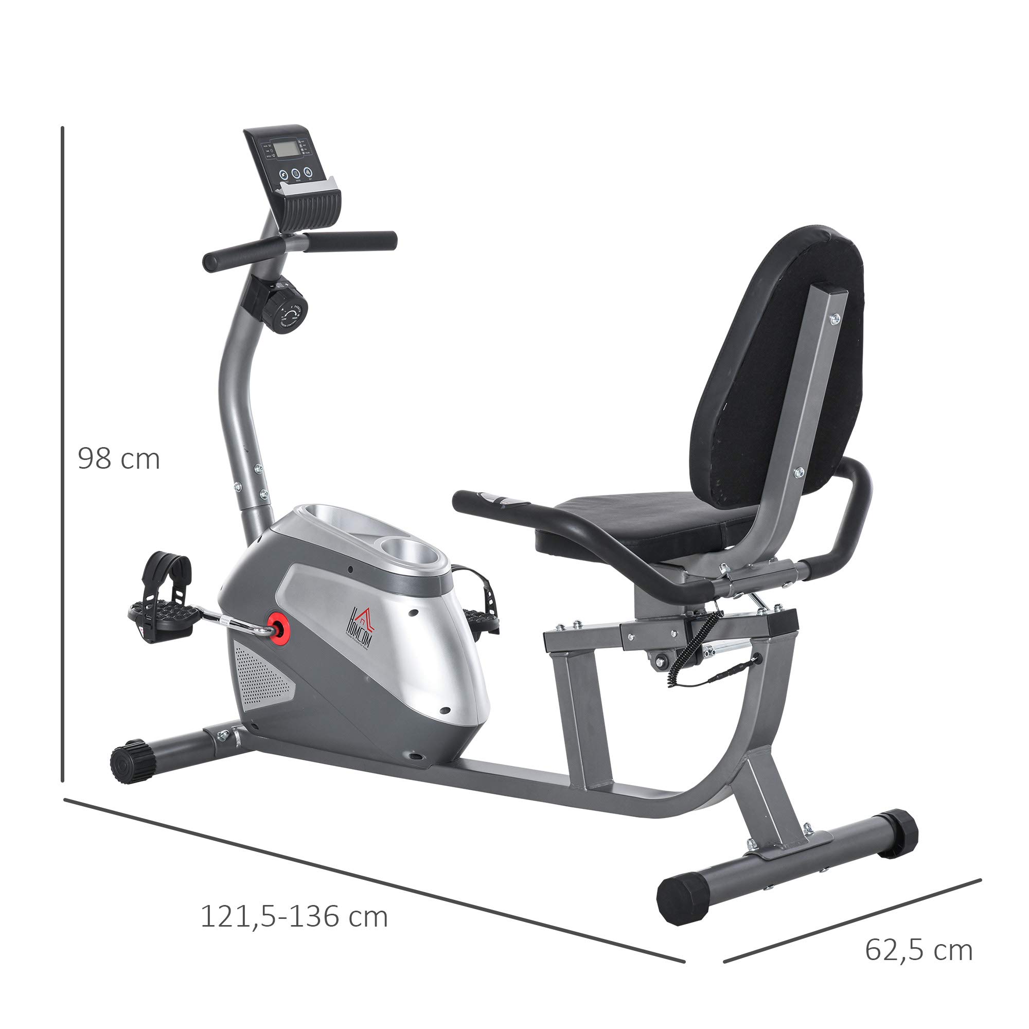 HOMCOM rower treningowy trenażer rowerowy koło zamachowe z 8-stopniową regulacją oporu magnetycznego regulowana długość opór magnetyczny koła metal ABS kolor szary + srebrny 136 x 62,5 x 38 cm