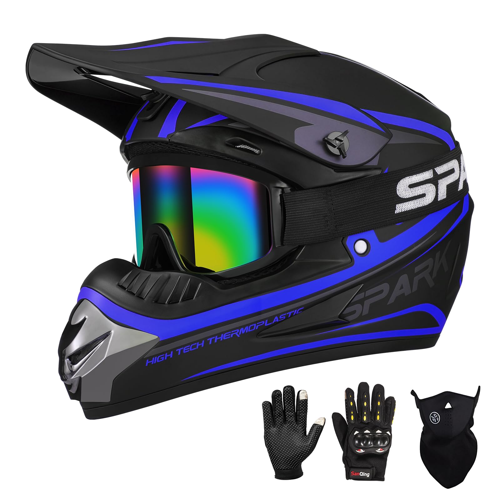 Youth Kids Motocross Helmet, Adult ATV Dirt Bike Helmet, Off-Road BMX 4-Wheeler Full Face Motorcycle Helmet W/Goggles Gloves & Mask, DOT Approved, Purple Blue, S : Automotive