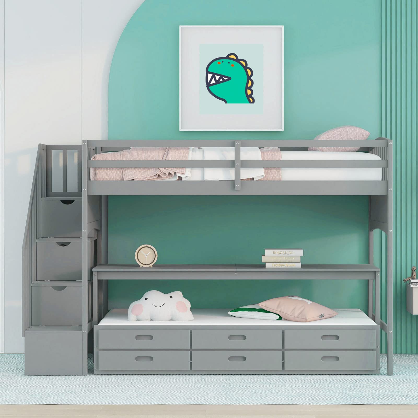 INNOVATIVE LIFE Stairway Twin XL Loft Bed (More Than 10 Style Loft Bed Frame with Desk and Ladder) with Twin Size Trundle and 3 Drawers, Storage, Desk, Gray