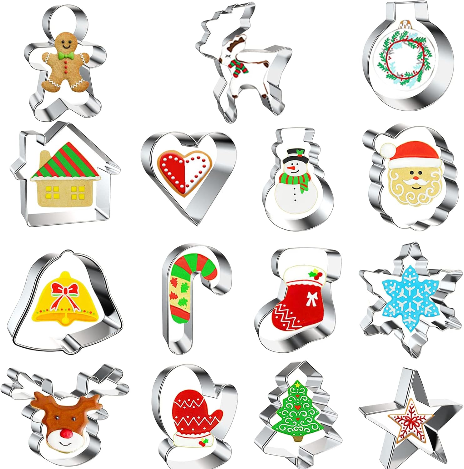 OBSGUMU 15PCS Christmas Cookie Cutters Cut, Cookies Molds of Snowman,Stocking, Gloves, Christmas Tree,Bells, Santa Claus, Snowflakes, Elk, Balloon, Stars, Love, House,Stainless Steel Baking Molds