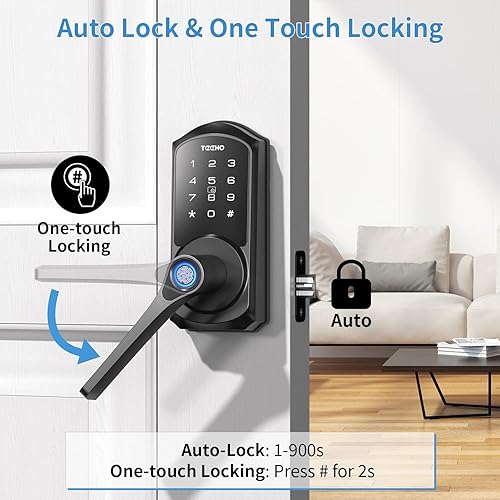 Miniatura 5 de TEEHO Smart Lock - Cerradura de puerta con teclado con mango - Cerradura de puerta de huellas dactilares 6 en 1 para puerta delantera - Control de