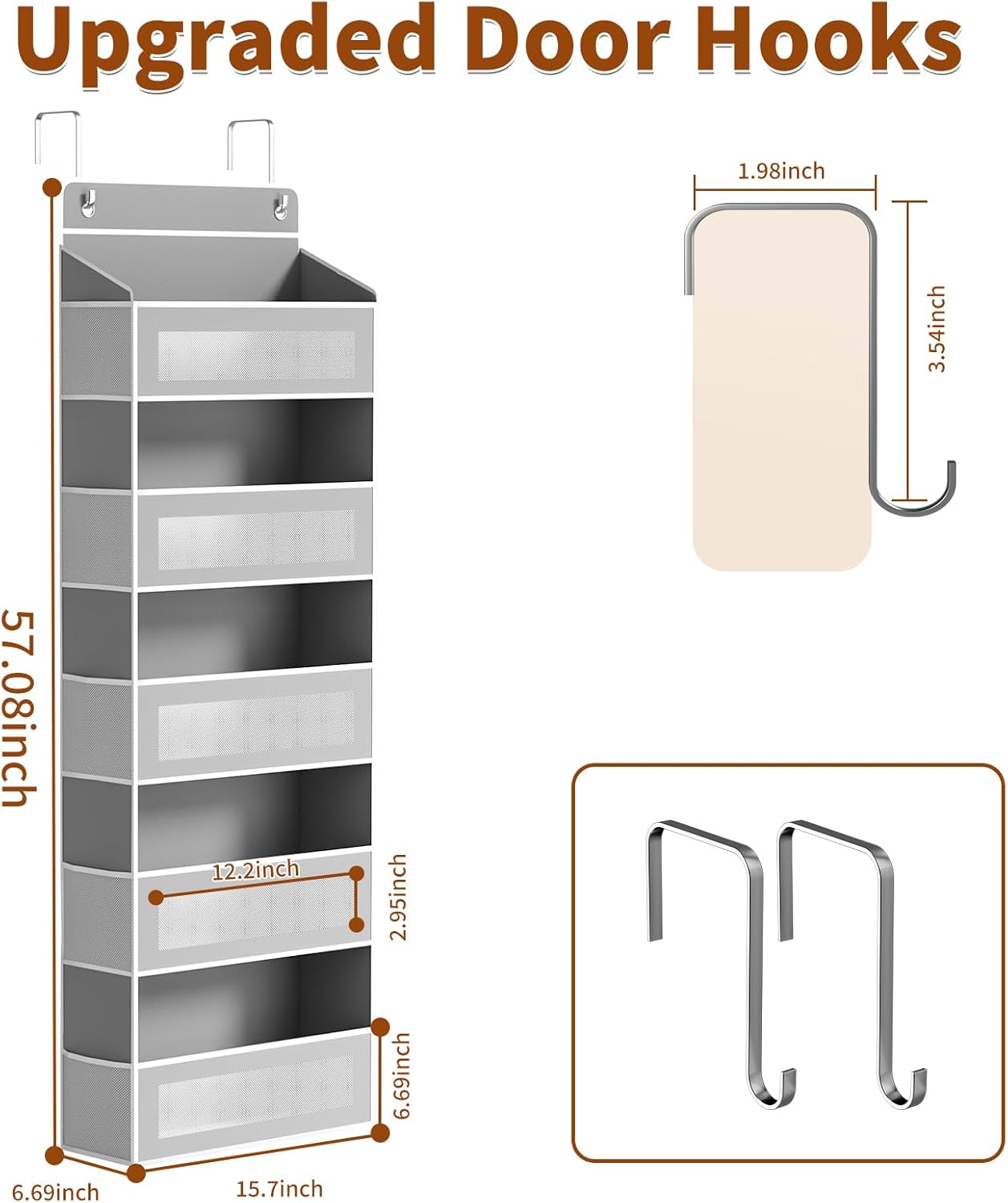 Over The Door Organizer, Over the Door Storage with 5 Large 10 Side Pockets, Hanging Door Organizer 44 lb Load Behind Door Storage, Hanging Shelf for Closet Wall Bedroom Bathroom Nursery, 5-Tier Grey - Image 7