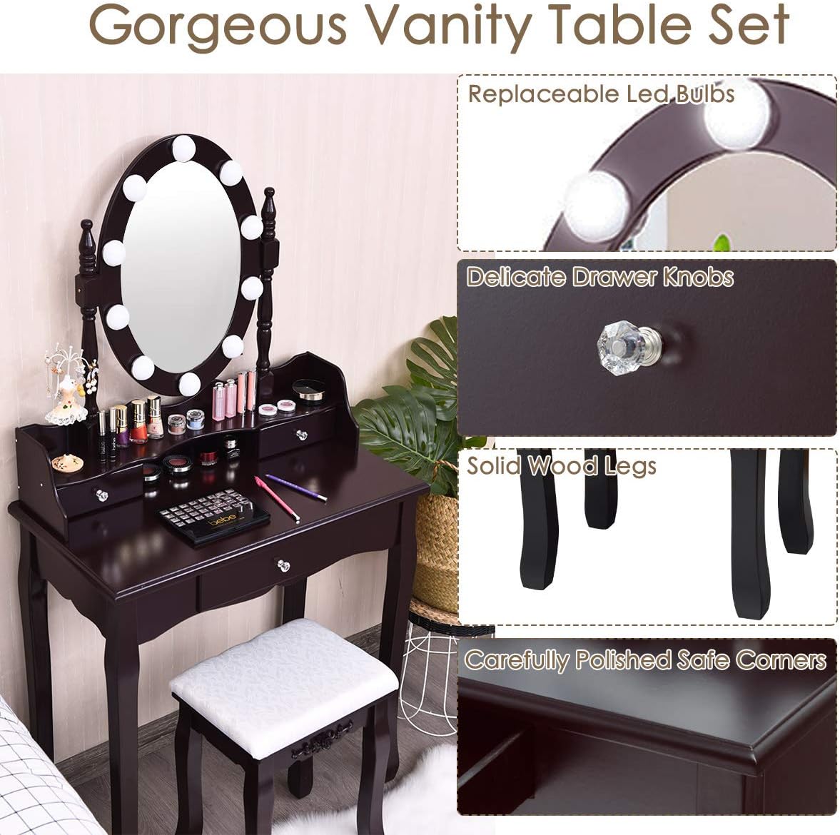 CHARMAID Vanity Table Set with Lighted Mirror, 10 Dimmable LED Bulbs, Girls Vanity Desk with 3 Drawers, Makeup Dressing Table with Rotating Mirror and Cushioned Stool (Brown)