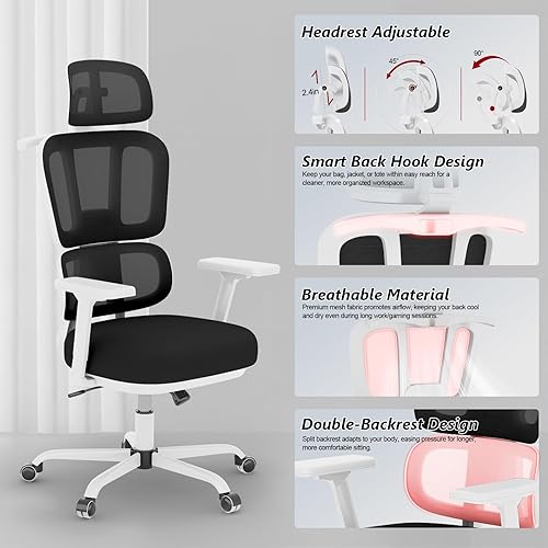 Miniatura 3 de Silla de oficina con respaldo alto, silla de escritorio de malla, silla ergonómica para computadora con reposacabezas, reposabrazos ajustables 3D y