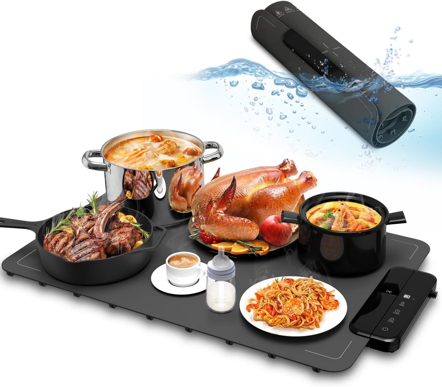 Electric Warming Mat for Food, ZAPLIT 24''x16 Washable Silicone Warming Tray with 6 Temp Settings, 6 Timers, Child Lock, and Auto Standby — Food Warmer for Buffet, Family Gathering, and Party (Grey)