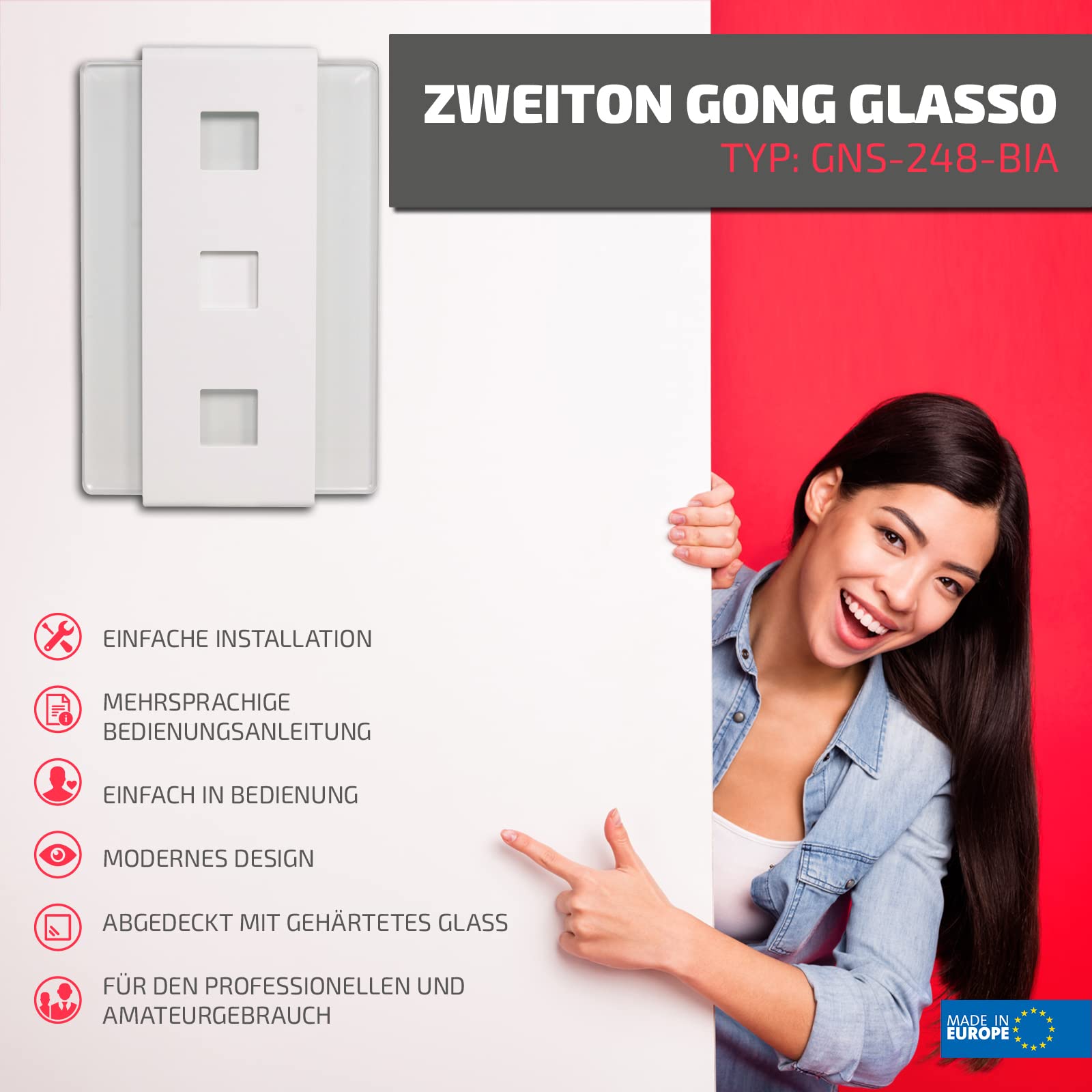 Sundi - Elektromechanischer Kabelgebundener Gong 230V, zu Bedienen Kunststoff, Zwei-Ton Bim-Bam, Lautstärke von 85 dB, Weiß GNS-248-BIA