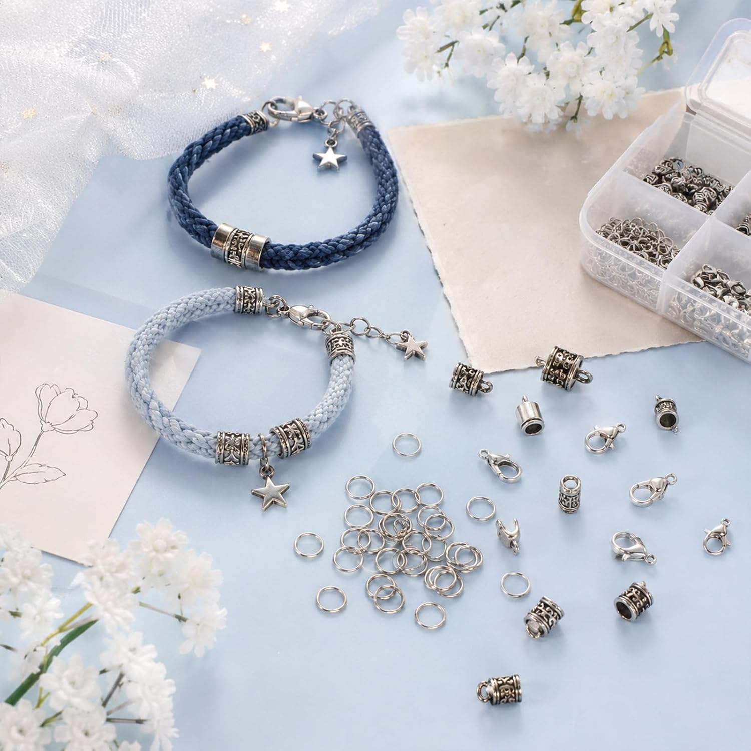 112 PCS Cord End Caps Silver Jewelry Clasps and Closures Set