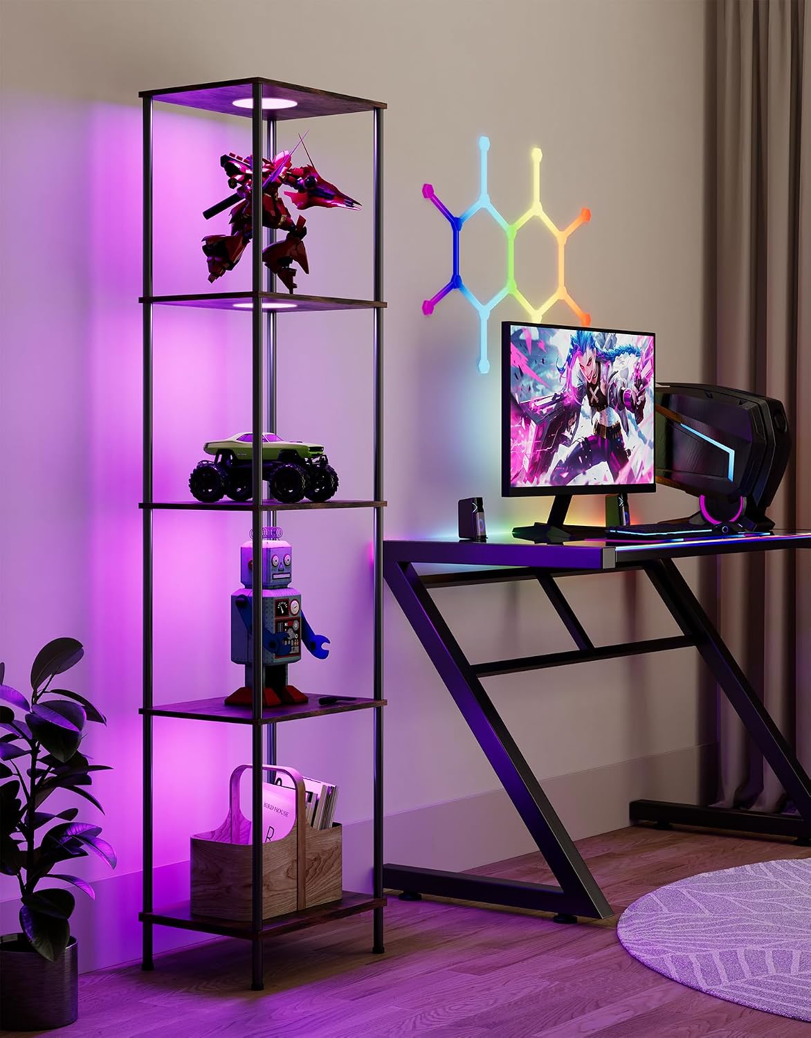 Display Shelf with RGBW Light, Color Changing Curio Cabinet Floor Lamp with Shelves Corner Standing Column Lamp Etagere Organizer Tower Nightstand Bookcase for Living Room Bedroom Office Décor, Brown