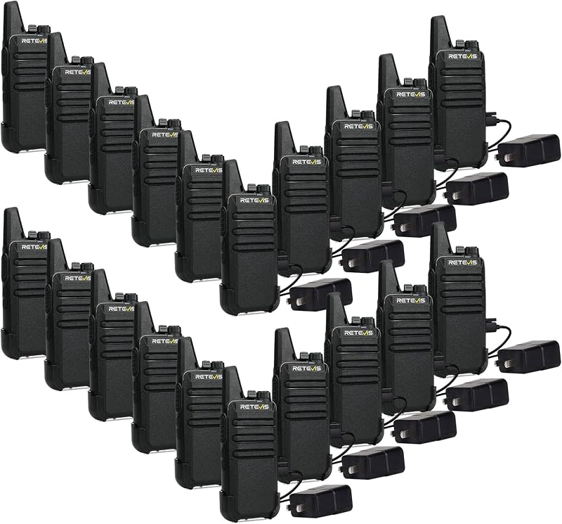 RT22 Walkie Talkies de largo alcance recargable para adultos (paquete de 20) | Radios bidireccionales compactas y livianas para K-12 y comercio minorista, cómodas para usar durante todo el día, audio alto y claro, batería de 10 horas