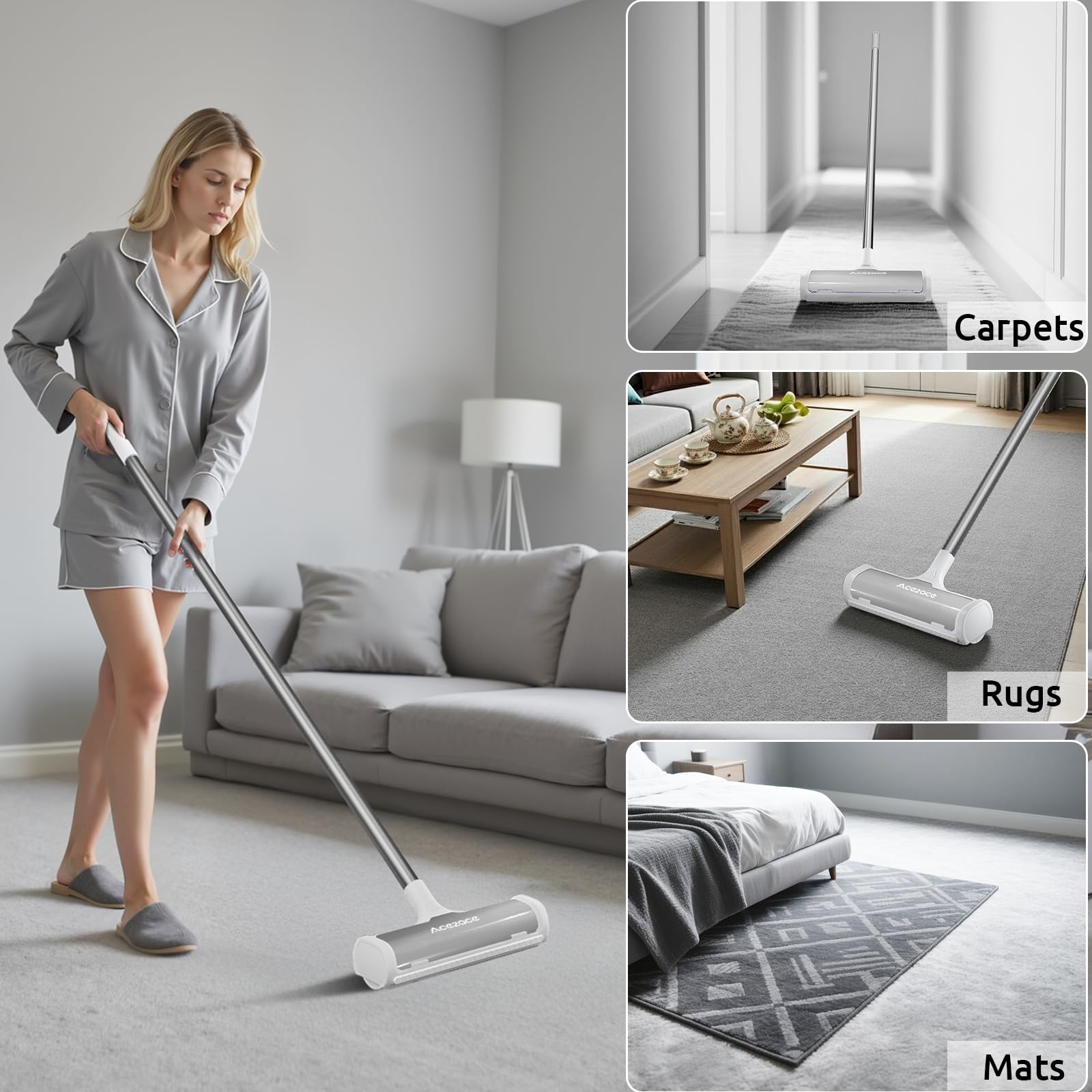 ACE2ACE Teppichrolle für Tierhaare, Teppichbürste Tierhaare, Tierhaarentferner Teppich für Hundehaare and Katzenhaare, kein Bücken, kein Knien, 1,5 m Langer Griff, Gray