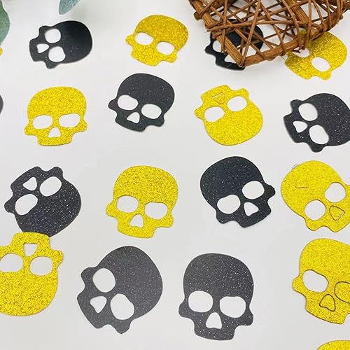 Miniatura 7 de 100 piezas de confeti de calavera para decoración de Halloween, papel de decoración de calabaza, purpurina dorada y negra, confeti de papel para