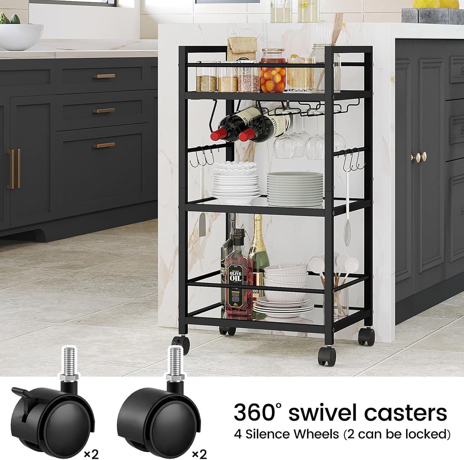 Bar Cart, Serving Cart for Home, Microwave Cart, Drink Cart, Mobile Kitchen Shelf with Wine Rack and Glass Holder, Rolling Beverage Cart for Dining Room, Black