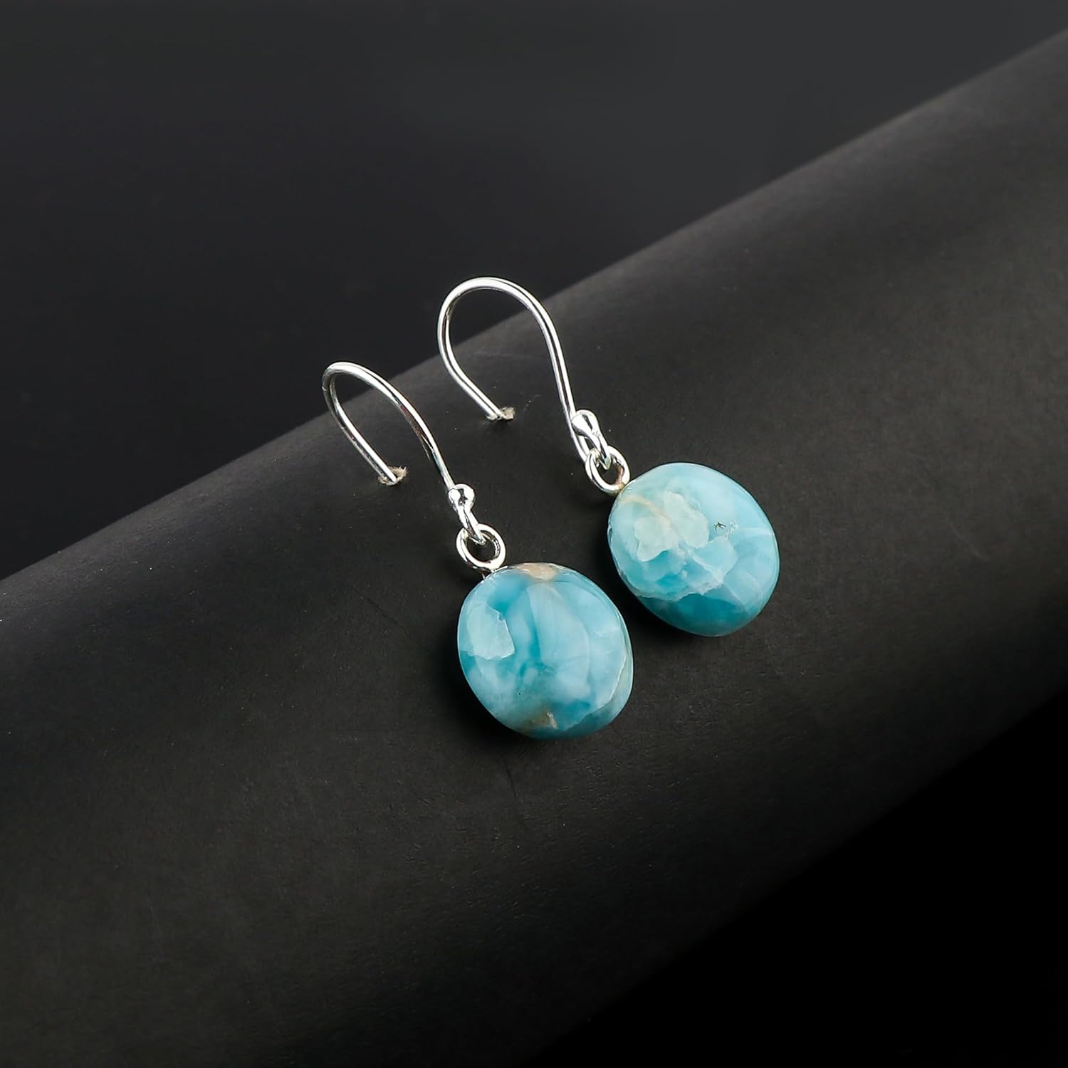 Natural Sky Blue Larimar Gemstone 925 Sterling Silver Dangle Earrings, Real Crystal Cabochon, Handmade Jewelry, Birthstone Jewelry, Women Gift - Image 2