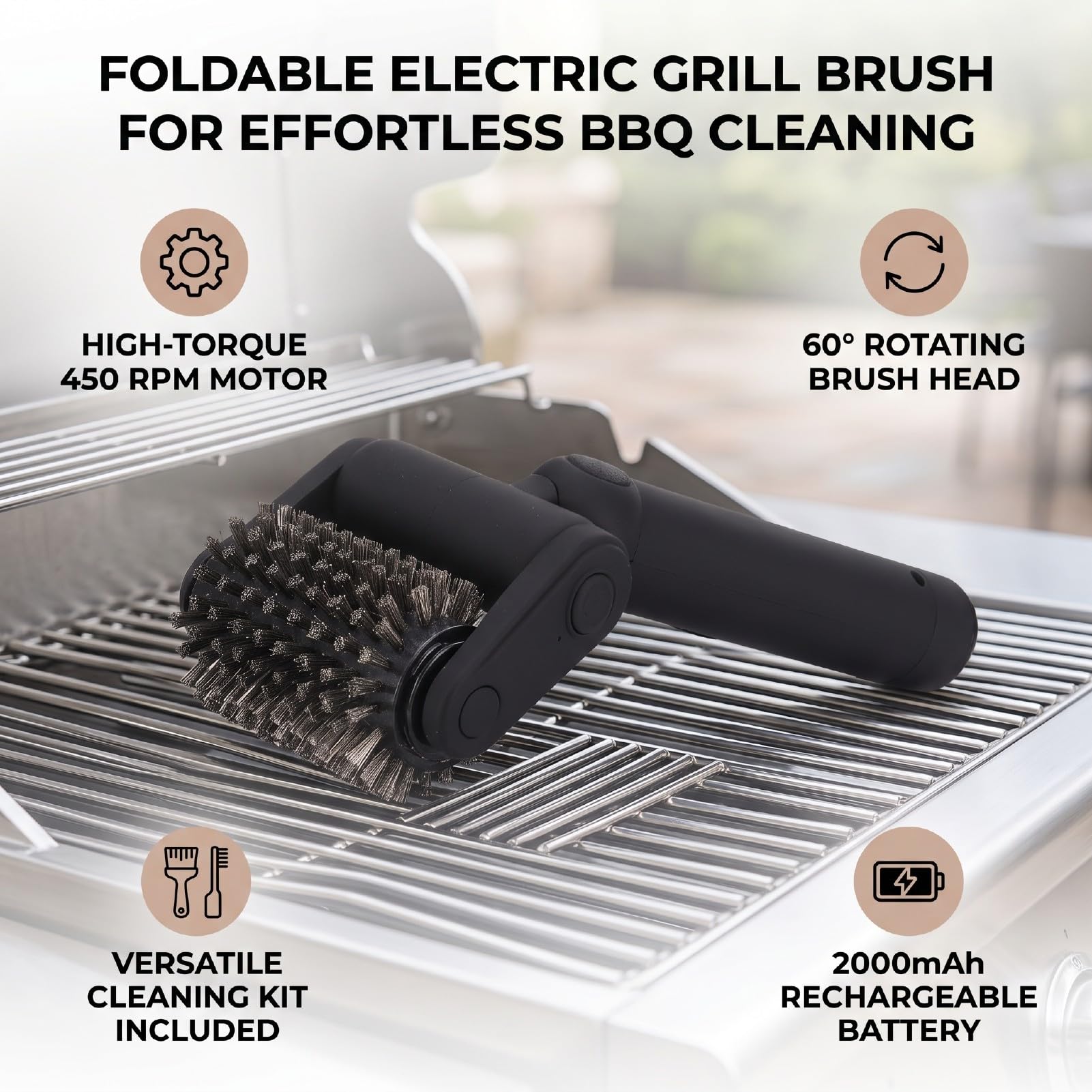 Haofy Cepillo Eléctrico Plegable para Parrilla Recargable con Kit de Limpieza para Barbacoa