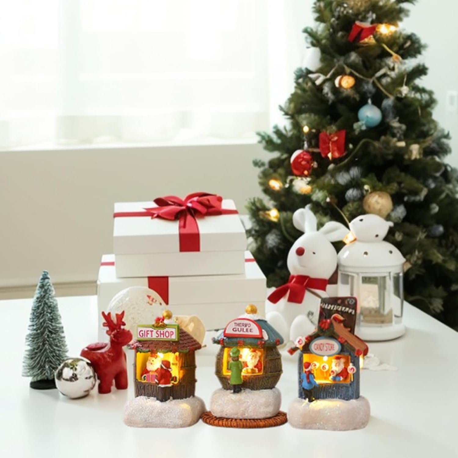 3Pcs Christmas Village Sets Christmas Village House Includes Thermo Glueeb, Candy Store, Shop, Resin Led Light Up House for Indoor Home Table Display