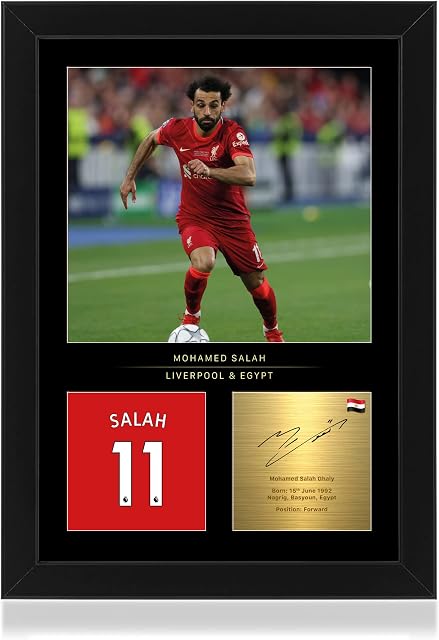 Win FC Mo Salah Signed A4 Framed Photo Display - Reproduced Digital Signature - Gift For Liverpool Fans, Black