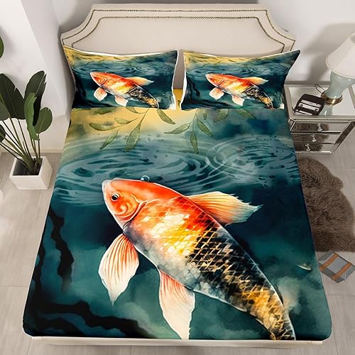 Miniatura 4 de jejeloiu Juego de sábanas Koi para niños, niñas, adolescentes, decoración de dormitorio, sábanas con bolsillo profundo, sábana bajera de bolsillo