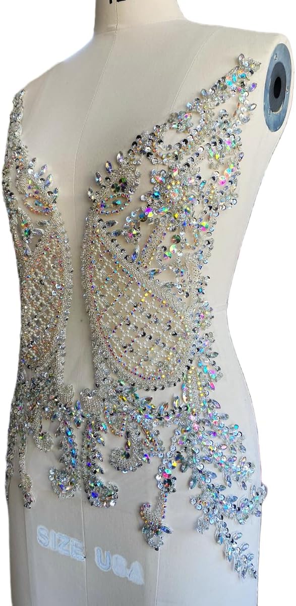 Zbroh 1PCS Handmade Shining Rhinestones Lace Applique Handsewing Beads Patches Trimming Weddings Evening Party Prom Dresses Accessories 15X22in (Clear AB)