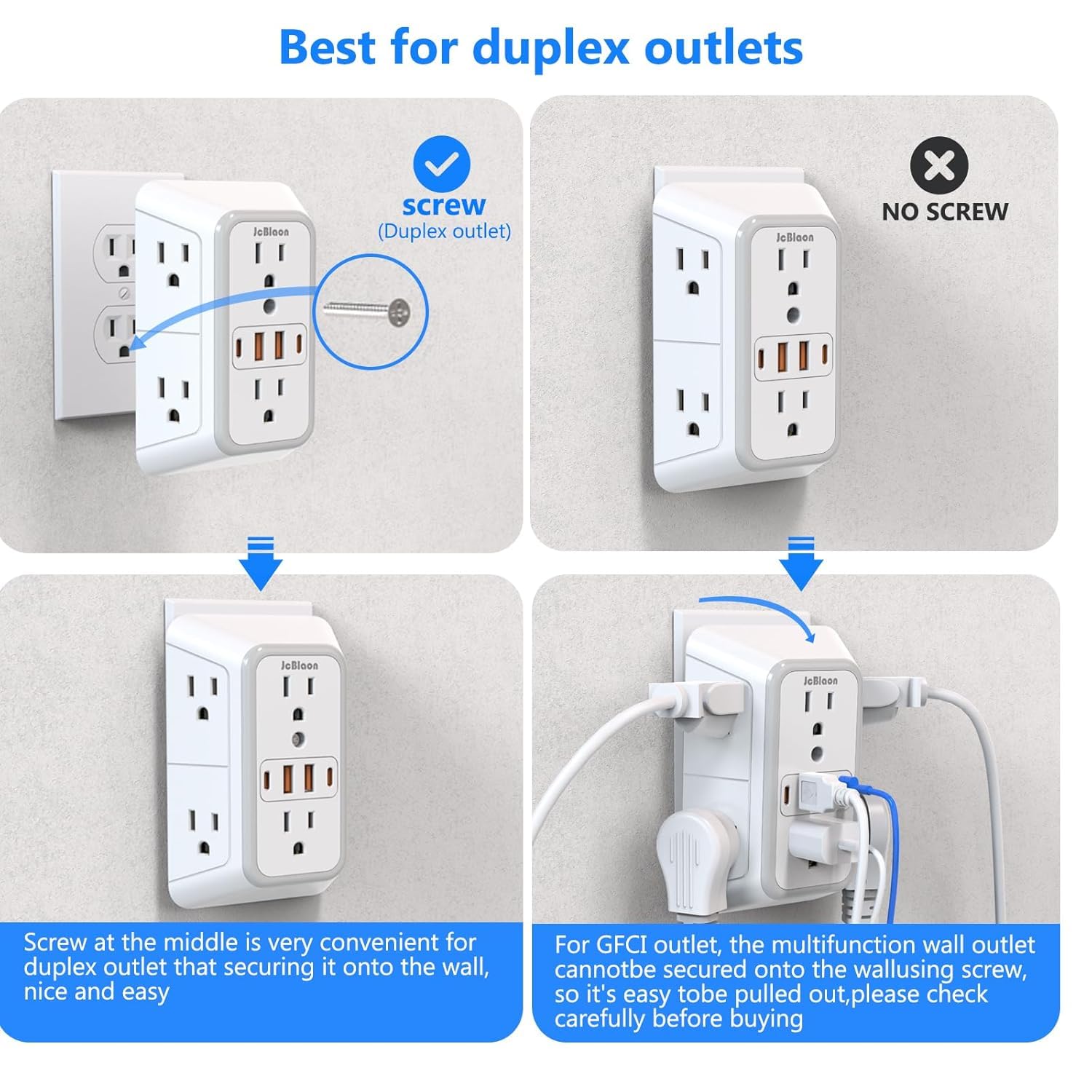 2 Pack Wall Charger, Surge Protector 6 Outlet Extender Multi Plug Wall Outlets with 4 USB Charging Ports (2 USB C Outlet) 3 Sided 1050J Power Strip Wall Adapter Spaced for Home Travel Office
