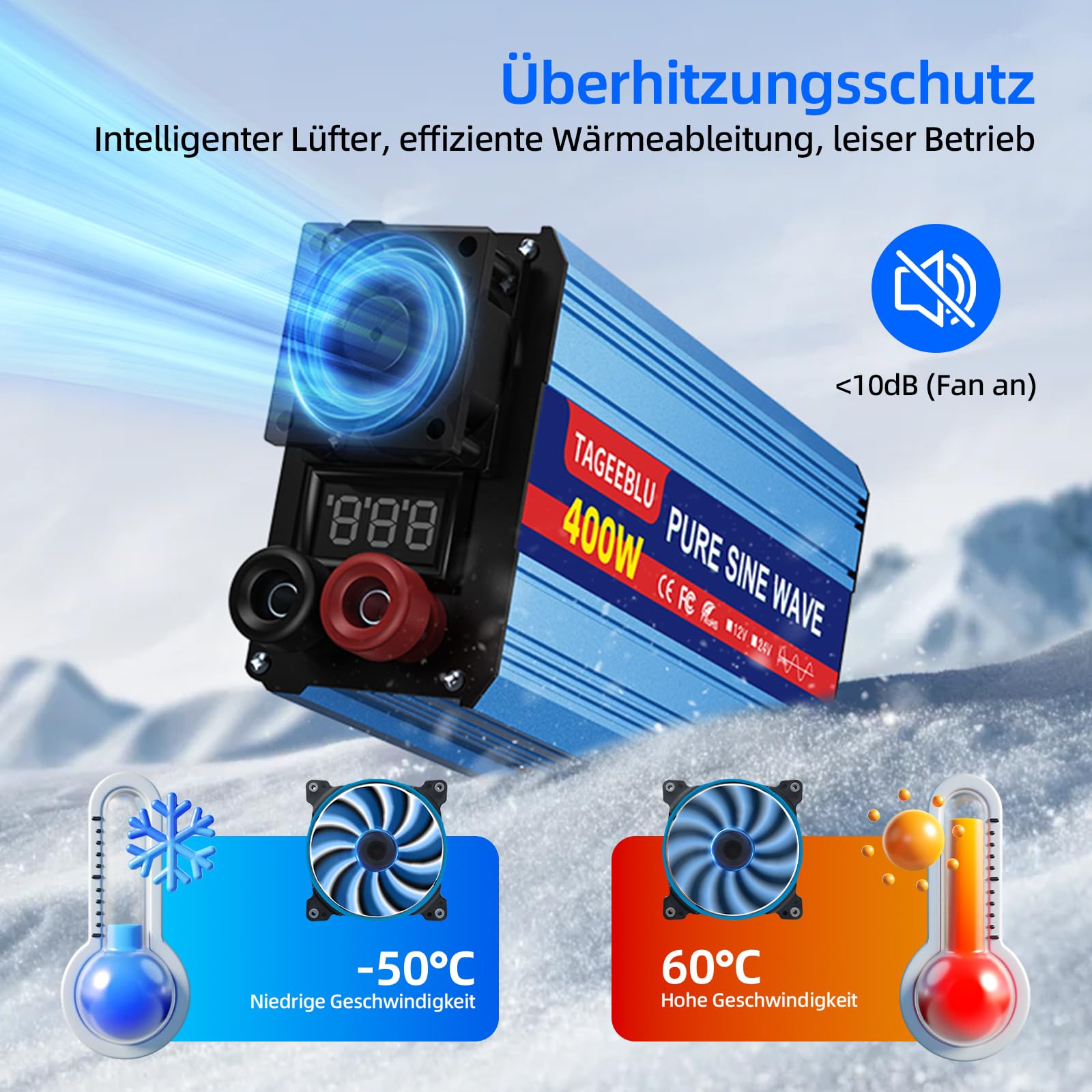 400W wechselrichter 12v auf 230v Reiner Sinus, spannungswandler 12v 230v, Wechselrichter für Fahrzeuge mit Alligatorclip, AC Steckdose und LCD Bildschirm