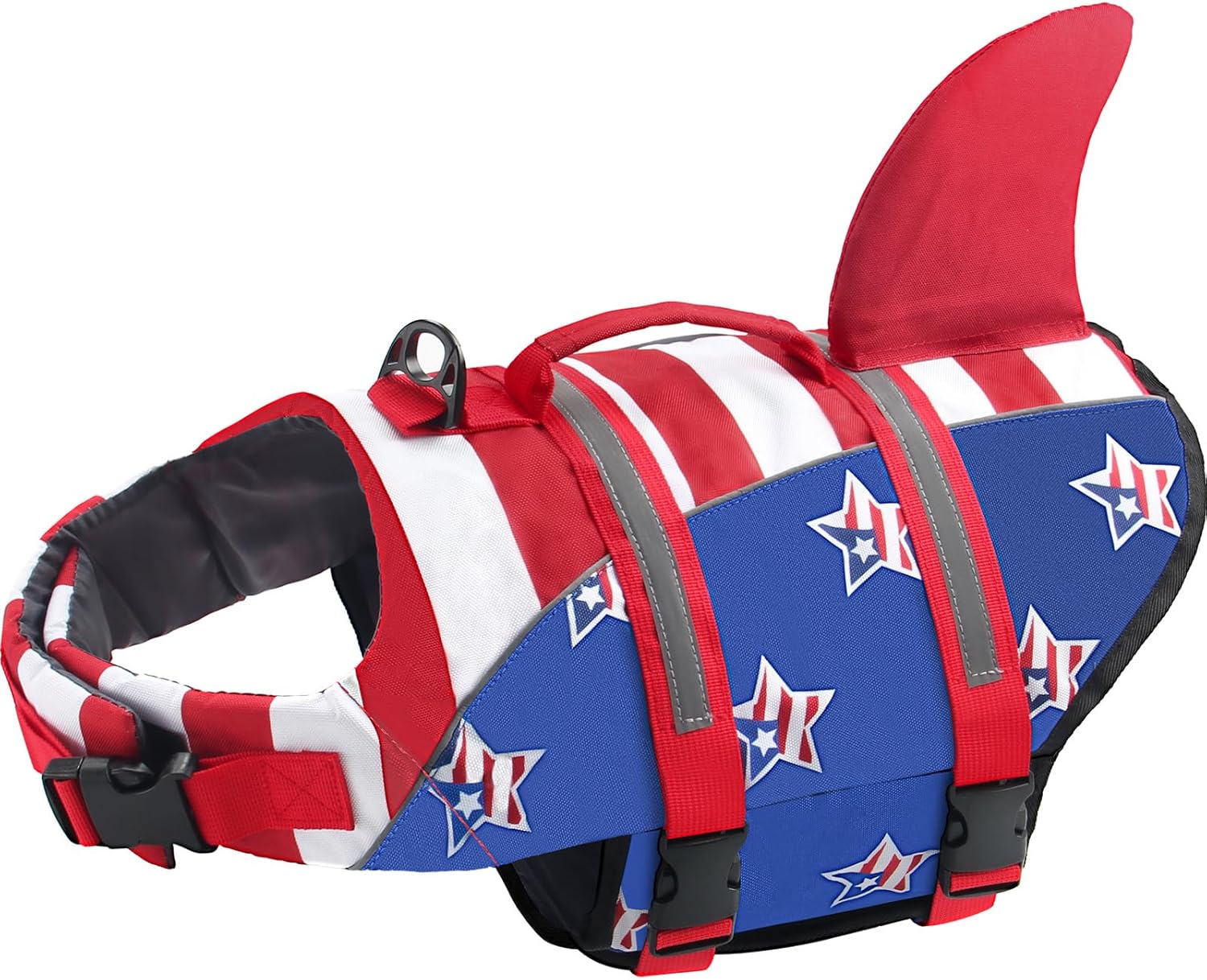Dog Life Jacket, American Flag Ripstop Shark Dog Life Vest for Swimming & Boating, High Buoyancy Reflective Pet Vest with Rescue Handle, for X-Small/Medium/Large/X-Large Dogs (USA Flag, XL)