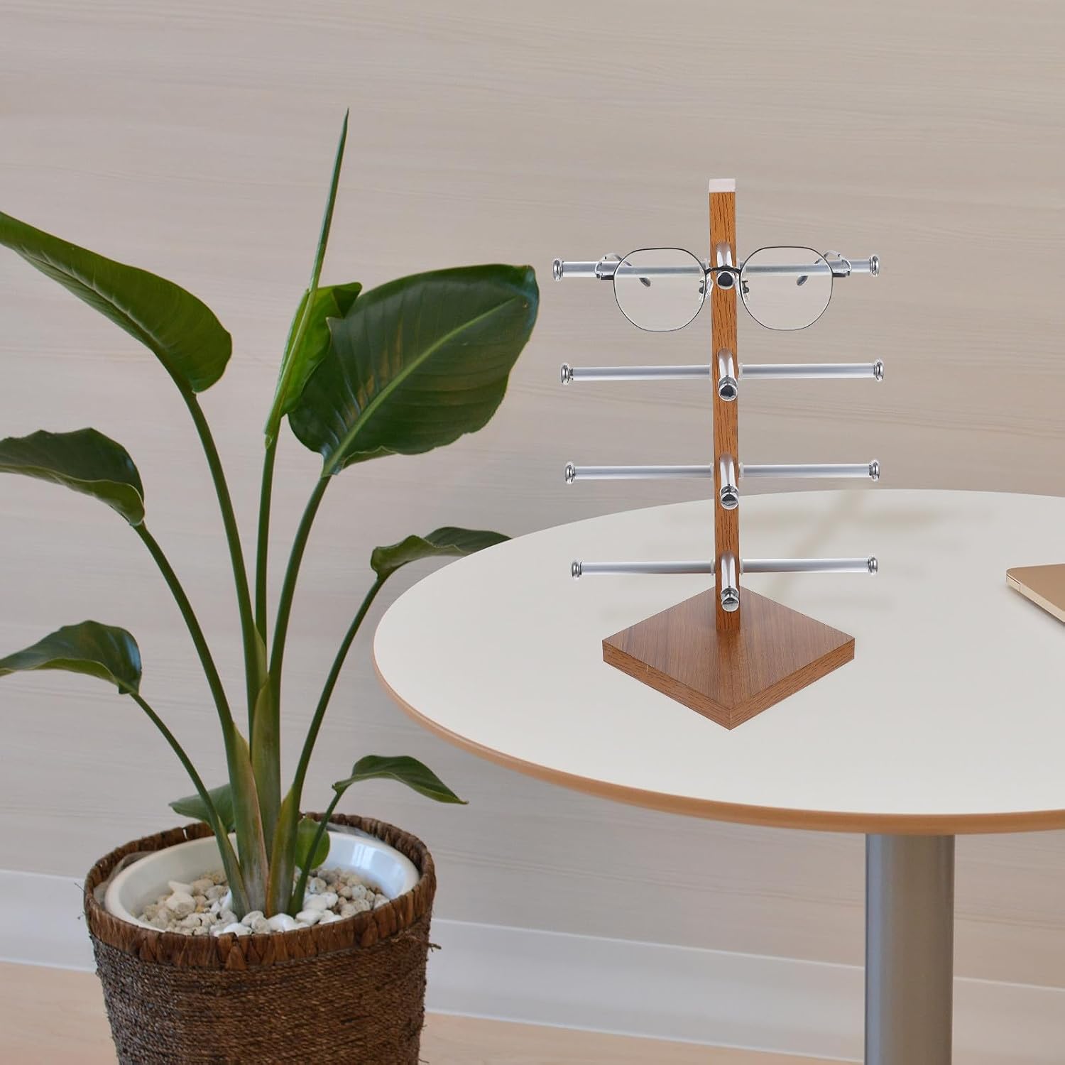 Zerodeko Wooden Eyeglasses Stand Riser with Aluminum Alloy Multi-layer Display Rack for 4 Pairs, Vintage Style Sunglasses Organizer Suitable for Retail Stores and Home Use