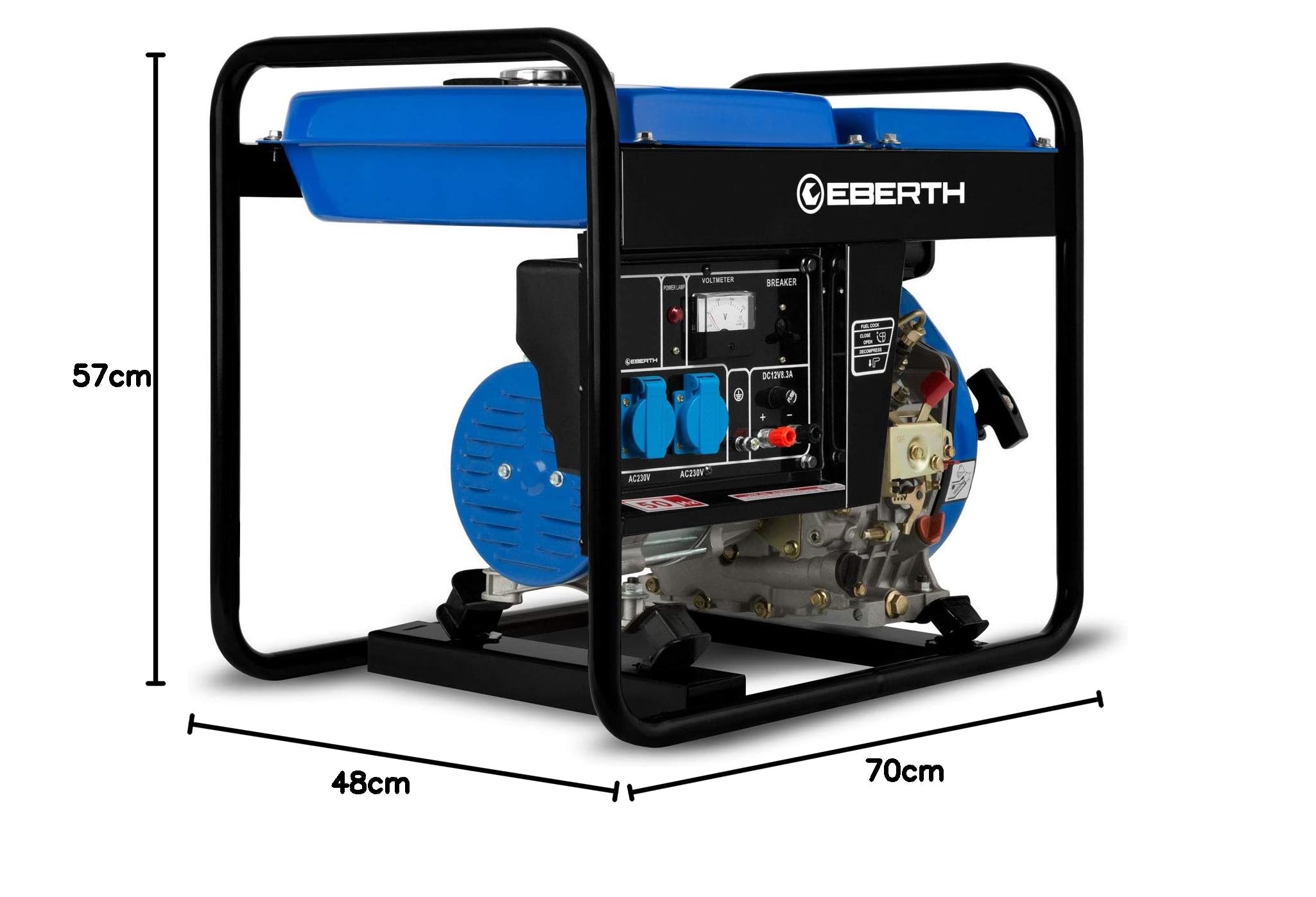 EBERTH 2000 Watt di energia elettrica di emergenza diesel, generatore di corrente con motore diesel da 3,8 CV, 4 tempi, 2 x 230 V, 1 x 12 V, regolatore automatico AVR, antimancanza di olio, avviamento