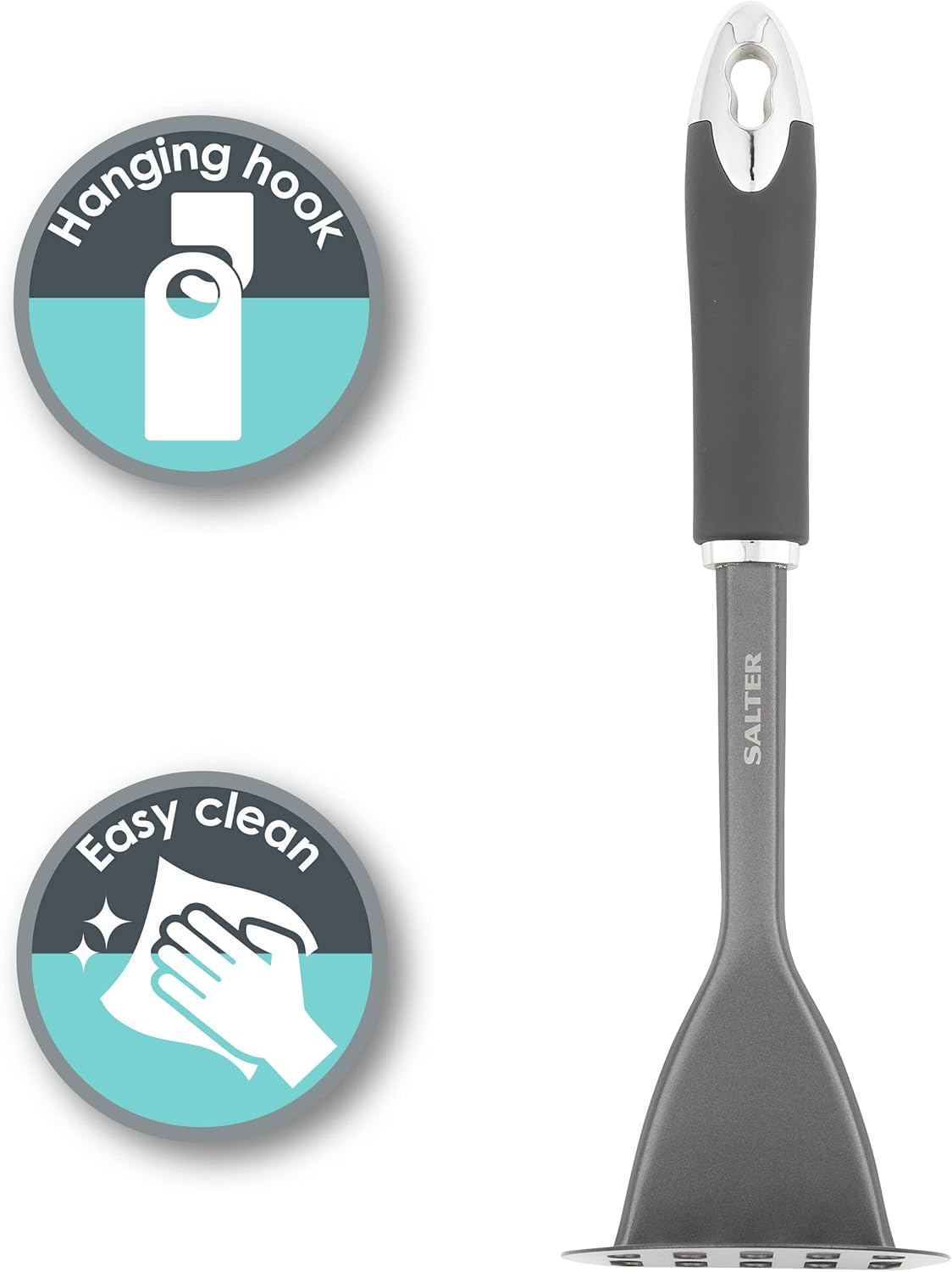 Salter BW11068EU7 Masher - Potato and Vegetable Masher, Easy to Clean, Hanging Hook for Storage, Soft Touch Easy Grip Handle, Long Lasting Quality, Stainless Steel, Cosmos Collection, Matte Grey
