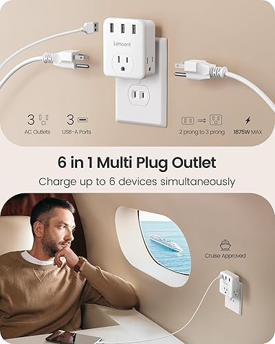 Miniatura 3 de LENCENT Adaptador de 3 clavijas a 2 clavijas, paquete de 2, extensor de 3 tomas de corriente con 3 puertos USB, cargador de pared, divisor extensor