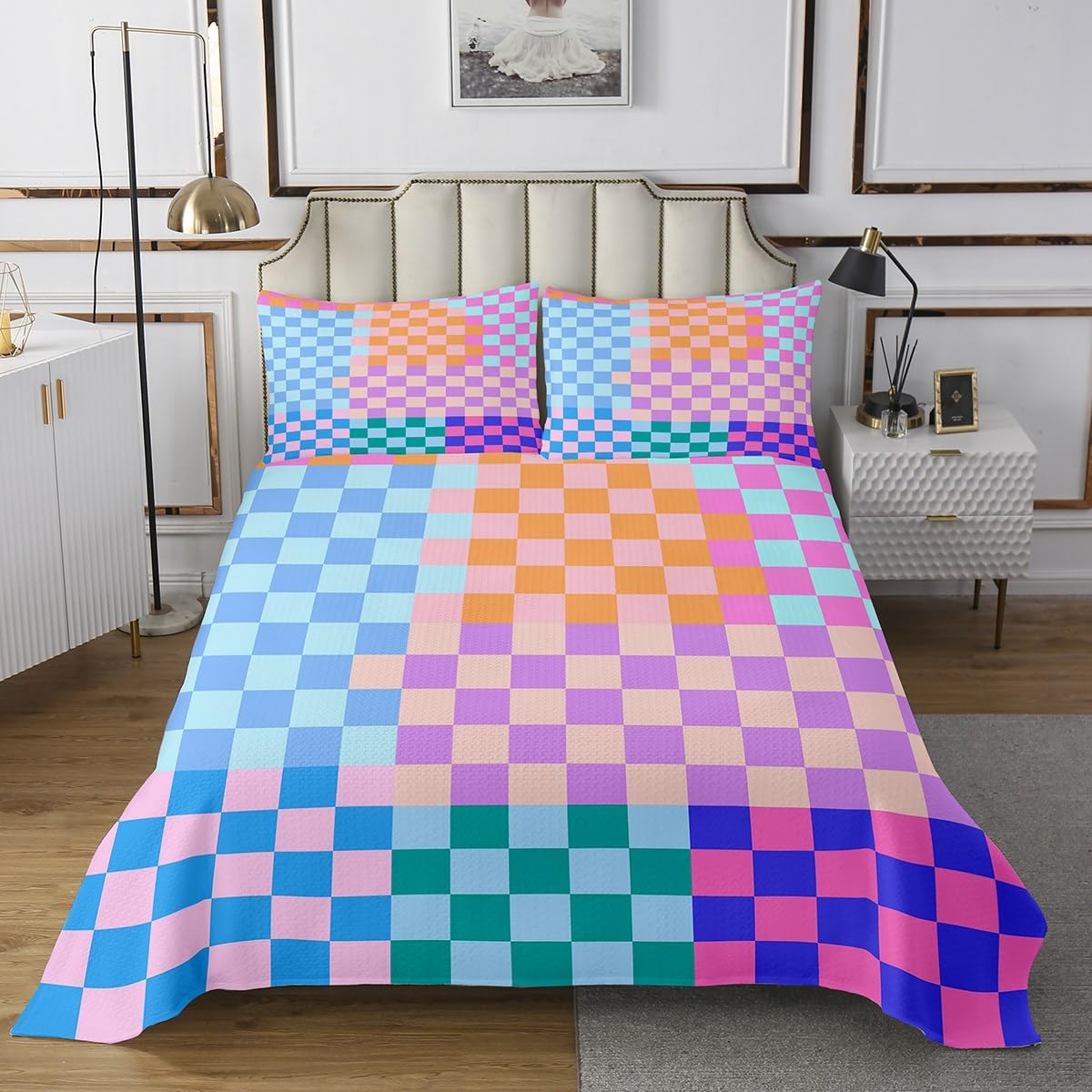 Colorful Plaids Geometric Kids Bedspread Twin Size,Abstract Checkered Patchwork Art Coverlet Set,Boys Girls Room Decor,Checkered Latticed Modern Quilted Coverlet,Chic Bedding Quilt,1 Pillowcase