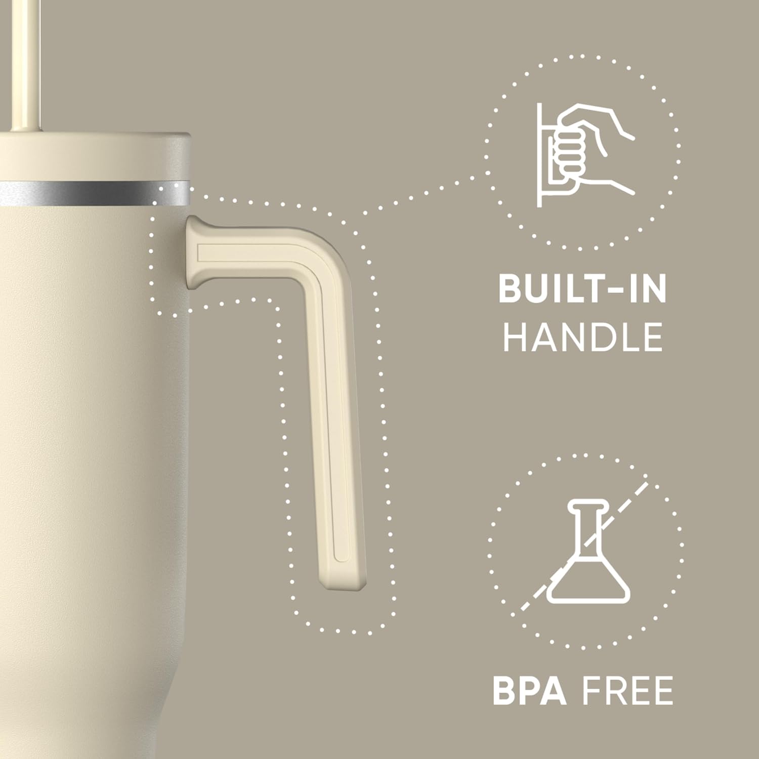 Hydrapeak Voyager 40 Oz Stainless Steel Tumbler with Handle, Insulated Water Bottle With Straw & Lid, Cupholder Friendly Reusable Travel Mug (Modern Cream) - Image 2