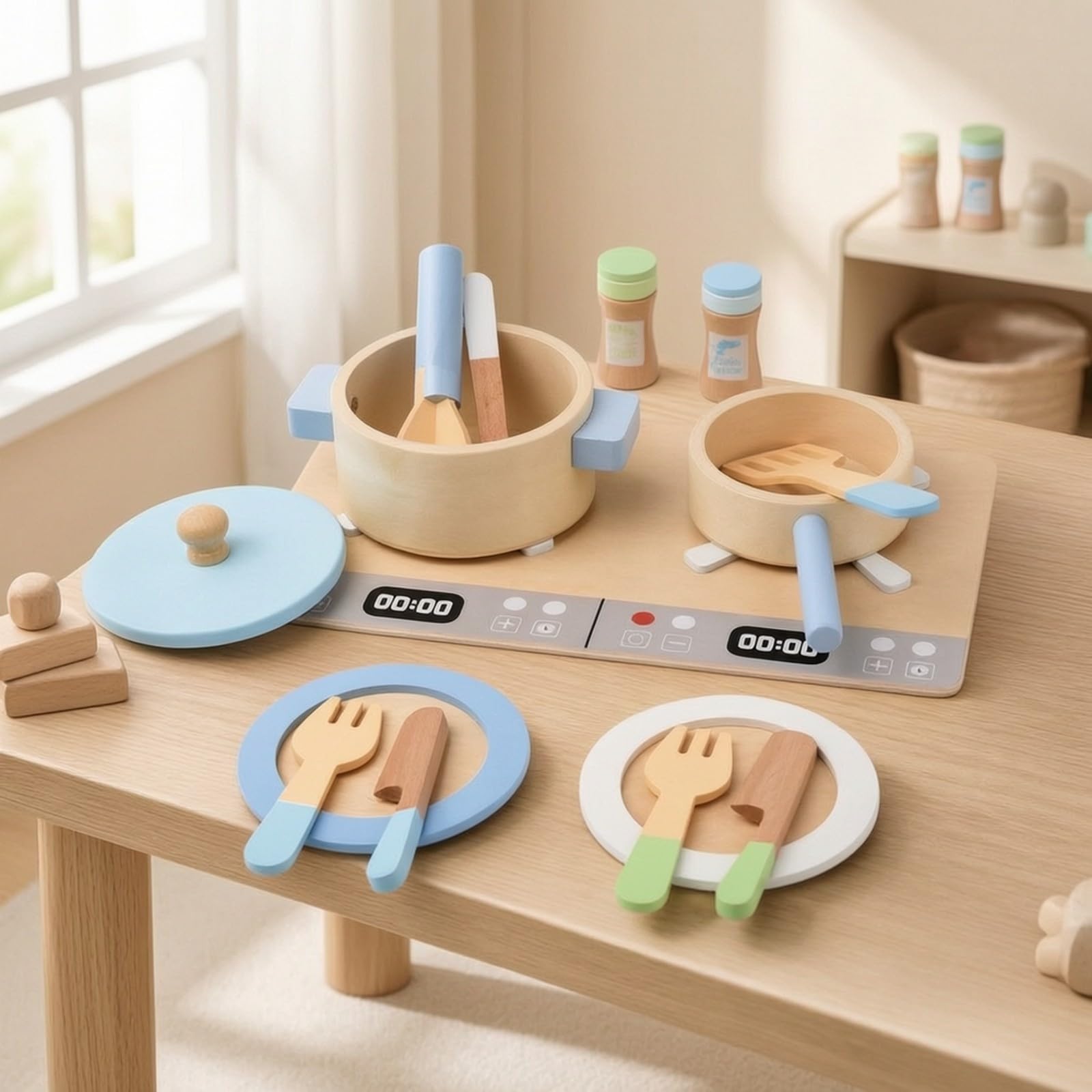 Almencla Accessori da per Bambini con Bordi Arrotondati Set di Stoviglie Giocattolo in Legno per Giochi di Famiglia Immaginativi