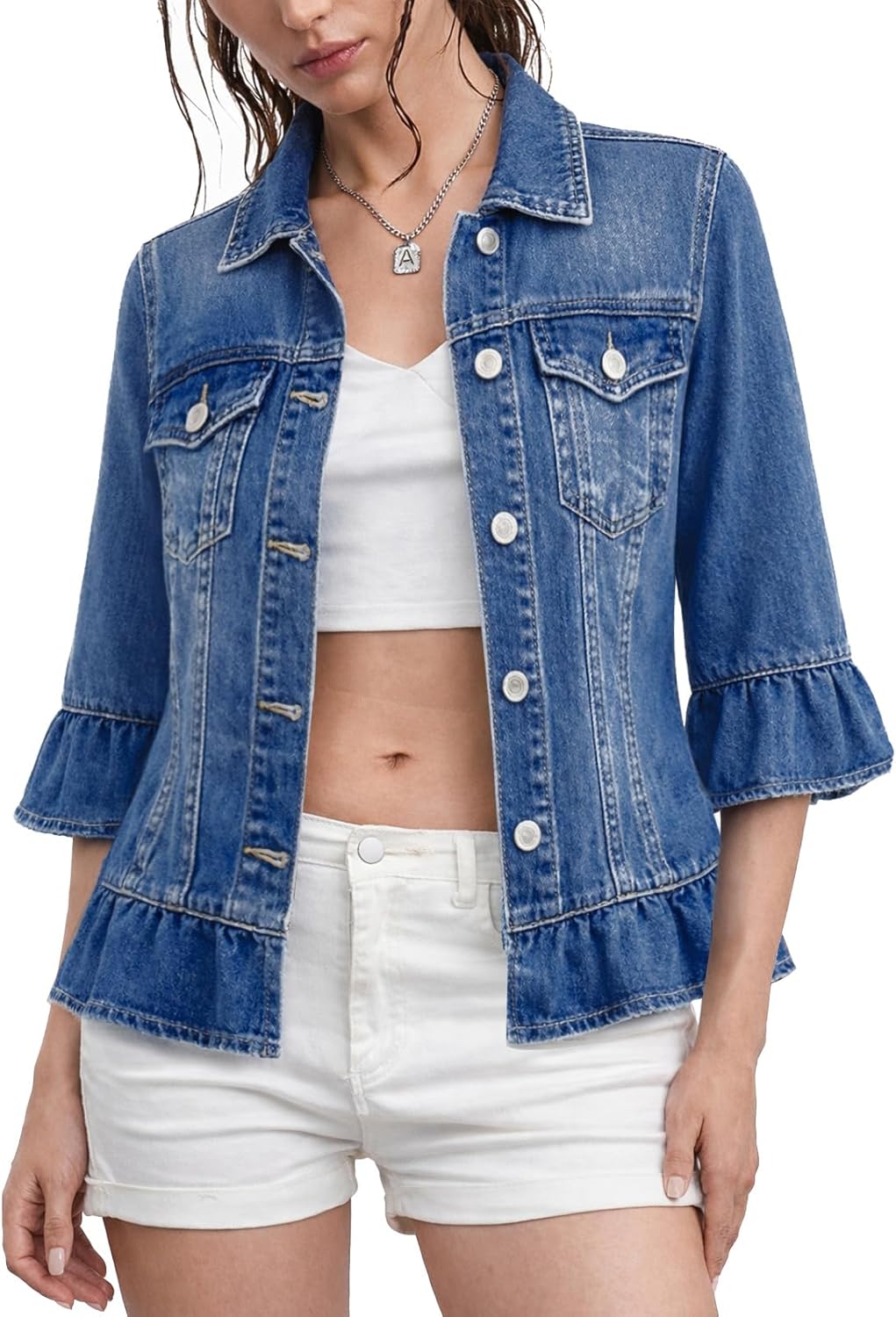 Kedera Denim Jacket for Women 3/4 Ruffle Sleeve Blue Jean Jacket Trendy Lightweight Jean Shacket for Spring Summer