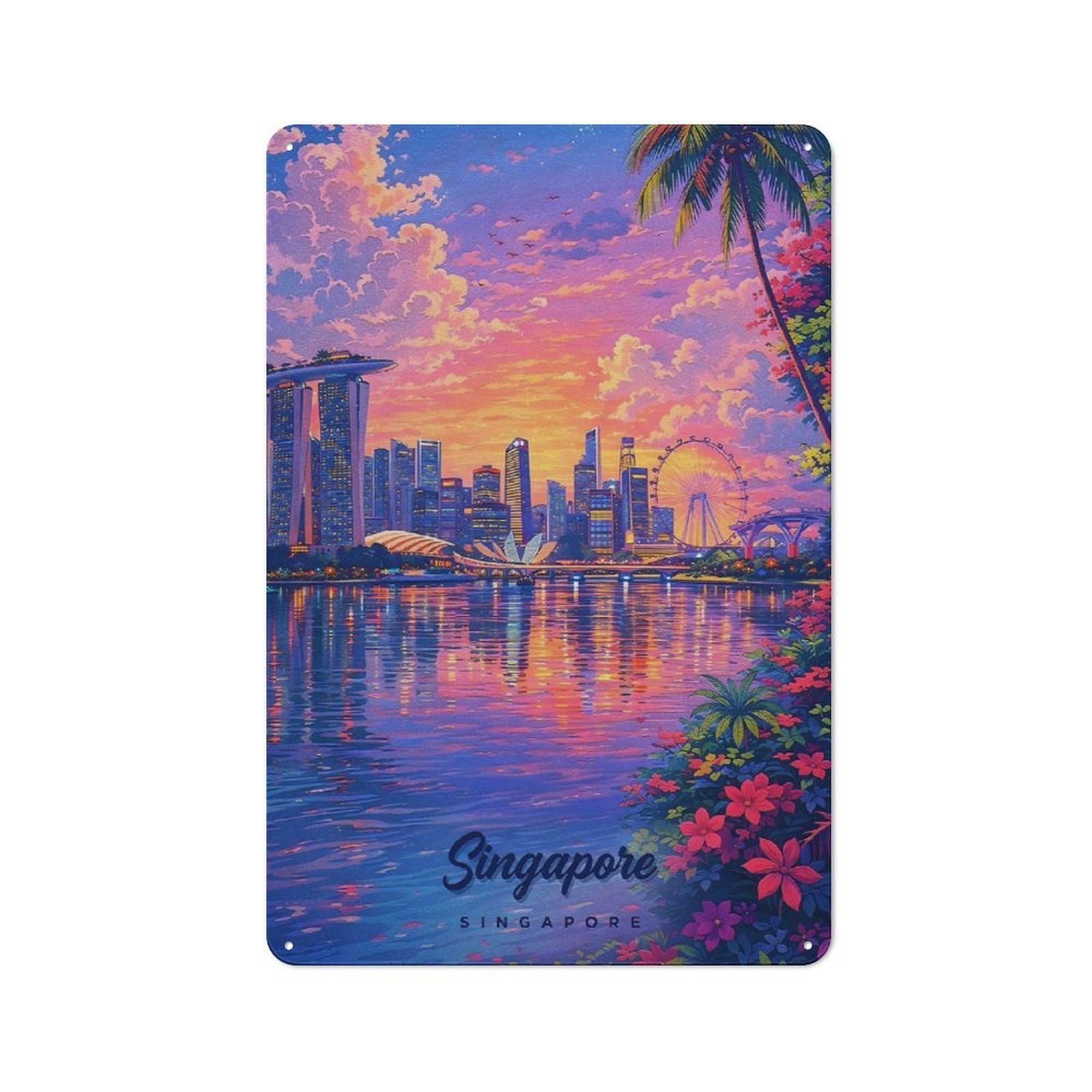 Junmoney Style-21 Retro Metal Wall Sign 30X20cm With Singapore Skyline At Sunset For Home Bar Wall, A Decorative Gift For A Newly Furnished Home Bar