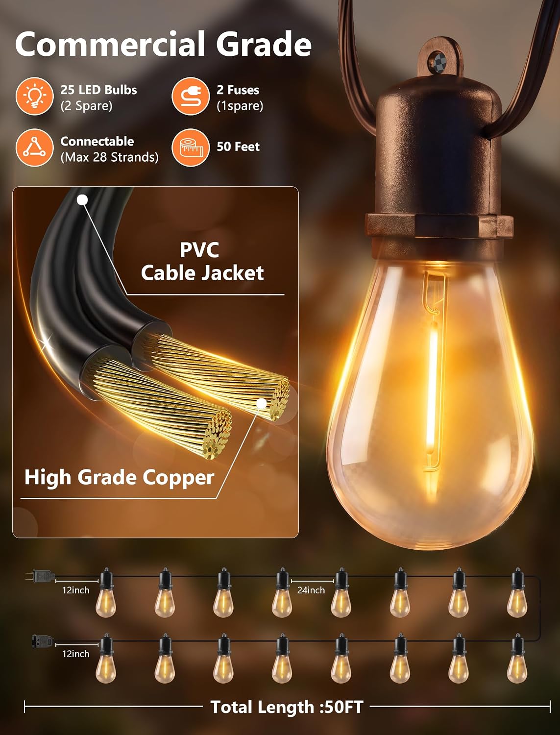 50FT LED Outdoor String Lights Waterproof with 27 Edison Vintage Shatterproof Bulbs, Hanging Commercial Grade Outdoor Patio Lights for Backyard Wedding Garden Cafe Party Bistro Decorations, Black image 2